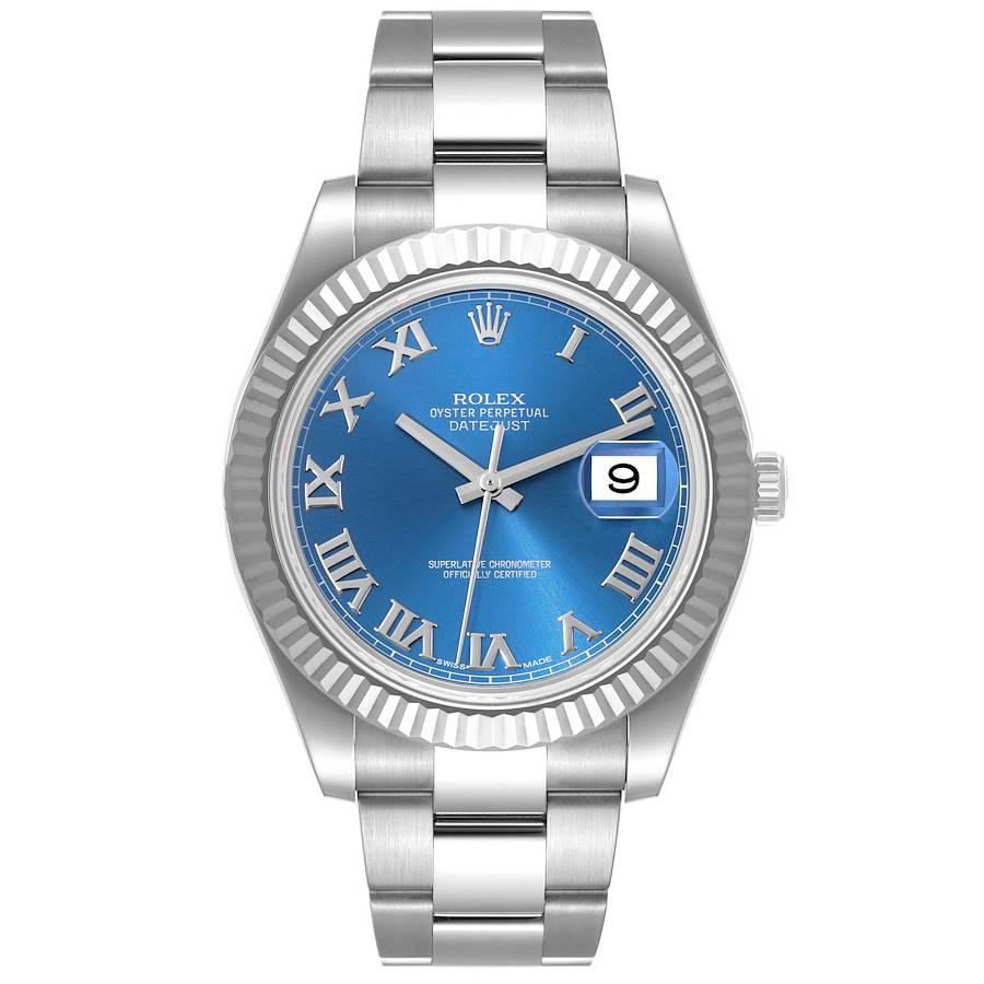 Rolex Datejust II Stahl Weißgold Blau Römisches Zifferblatt Herrenuhr 116334 Box Karte. Offiziell zertifiziertes Chronometerwerk mit automatischem Aufzug. Rundes Edelstahlgehäuse mit einem Durchmesser von 41.0 mm. Rolex Logo auf der Krone.