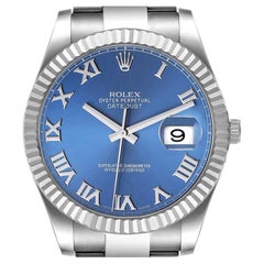 Rolex Datejust II Steel White Gold Blue Roman Dial Mens Watch 116334 Box Card