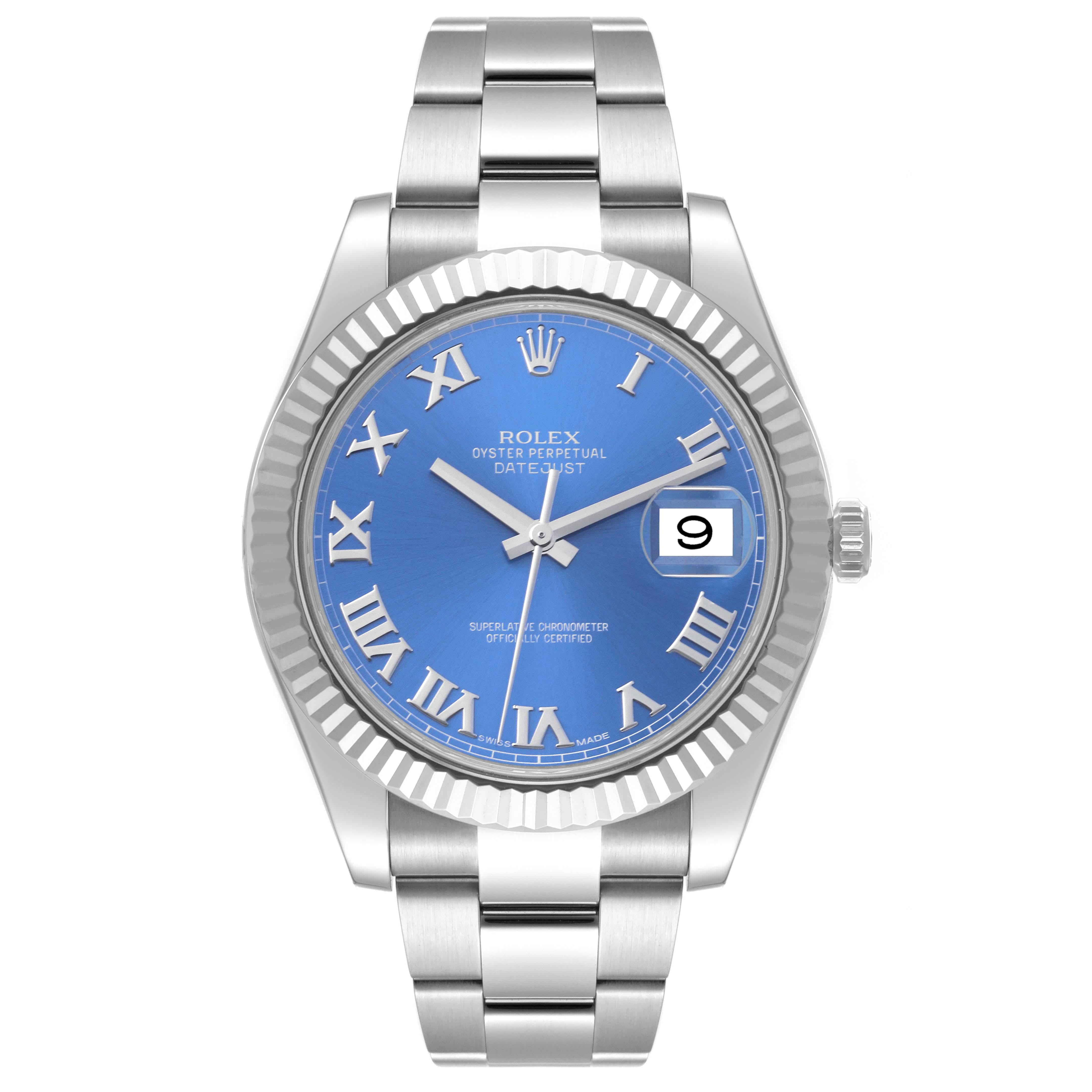 Rolex Datejust II Steel White Gold Blue Roman Dial Mens Watch 116334. Officially certified chronometer automatic self-winding movement. Stainless steel round case 41.0 mm in diameter. Rolex logo on the crown. 18k white gold fluted bezel. Scratch
