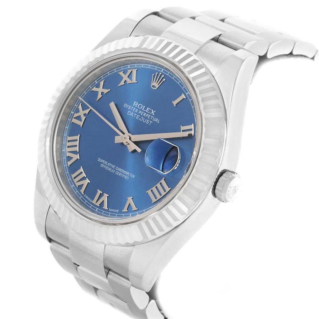 Rolex Datejust II 41mm Steel White Gold Blue Roman Dial Watch 116334. Officially certified chronometer automatic self-winding movement. Stainless steel case 41.0 mm in diameter. High polished lugs. Rolex logo on a crown. 18K white gold fluted bezel.