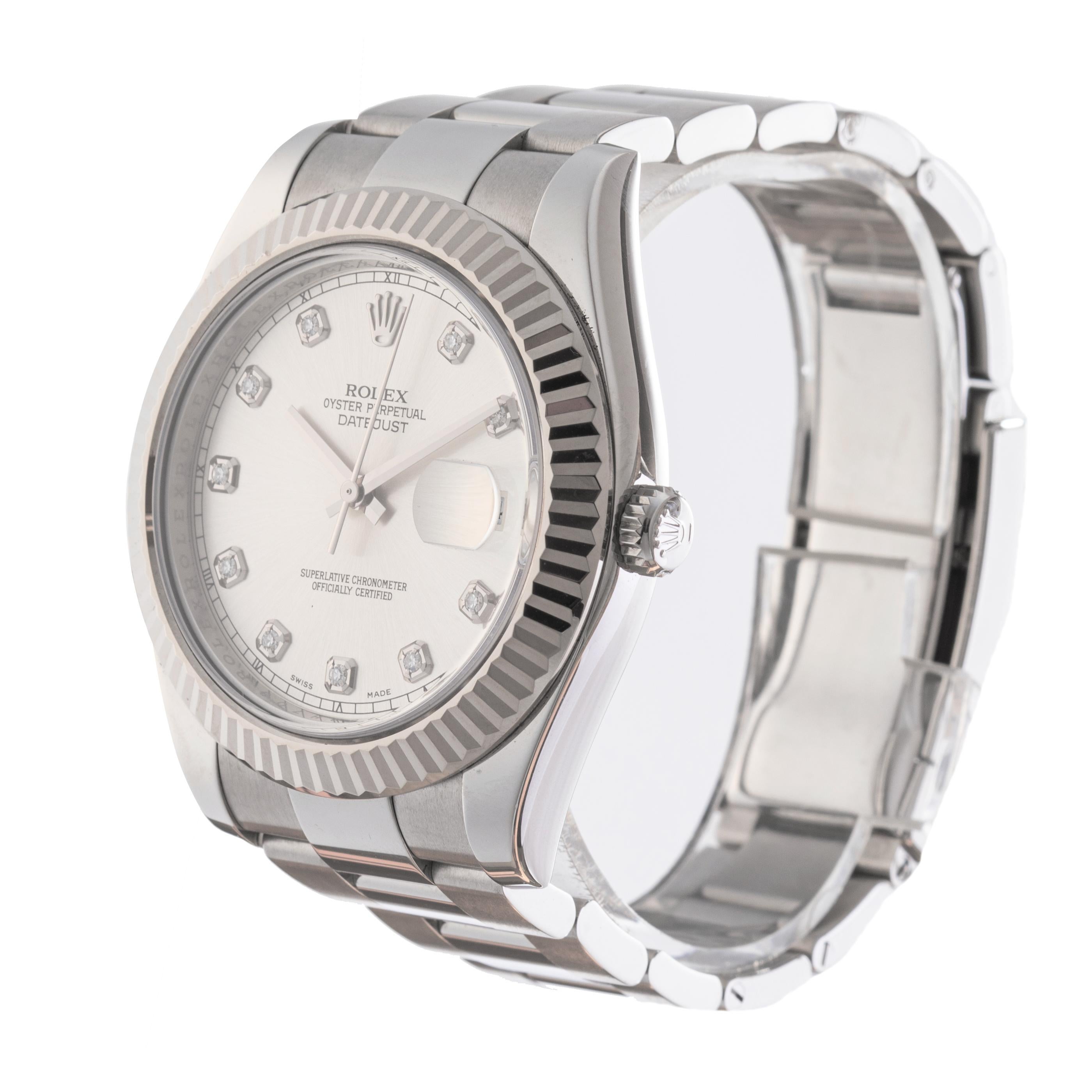 Pre-owned Rolex Datejust II wristwatch (ref. 116334), featuring a self-winding automatic movement; silver-toned dial with ten brilliant-cut diamond-set hour markers; center seconds hand; date aperture at 3 o'clock; and 41mm, stainless steel case
