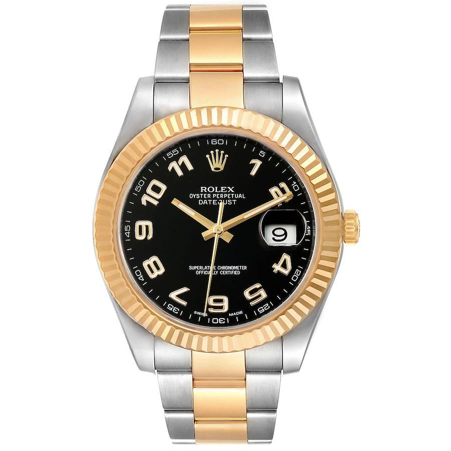 Rolex Datejust II Steel Yellow Gold Black Dial Mens Watch 116333. Officially certified chronometer self-winding movement with quickset date. Stainless steel and 18K yellow gold case 41.0 mm in diameter. High polished lugs. Rolex logo on a crown. 18K