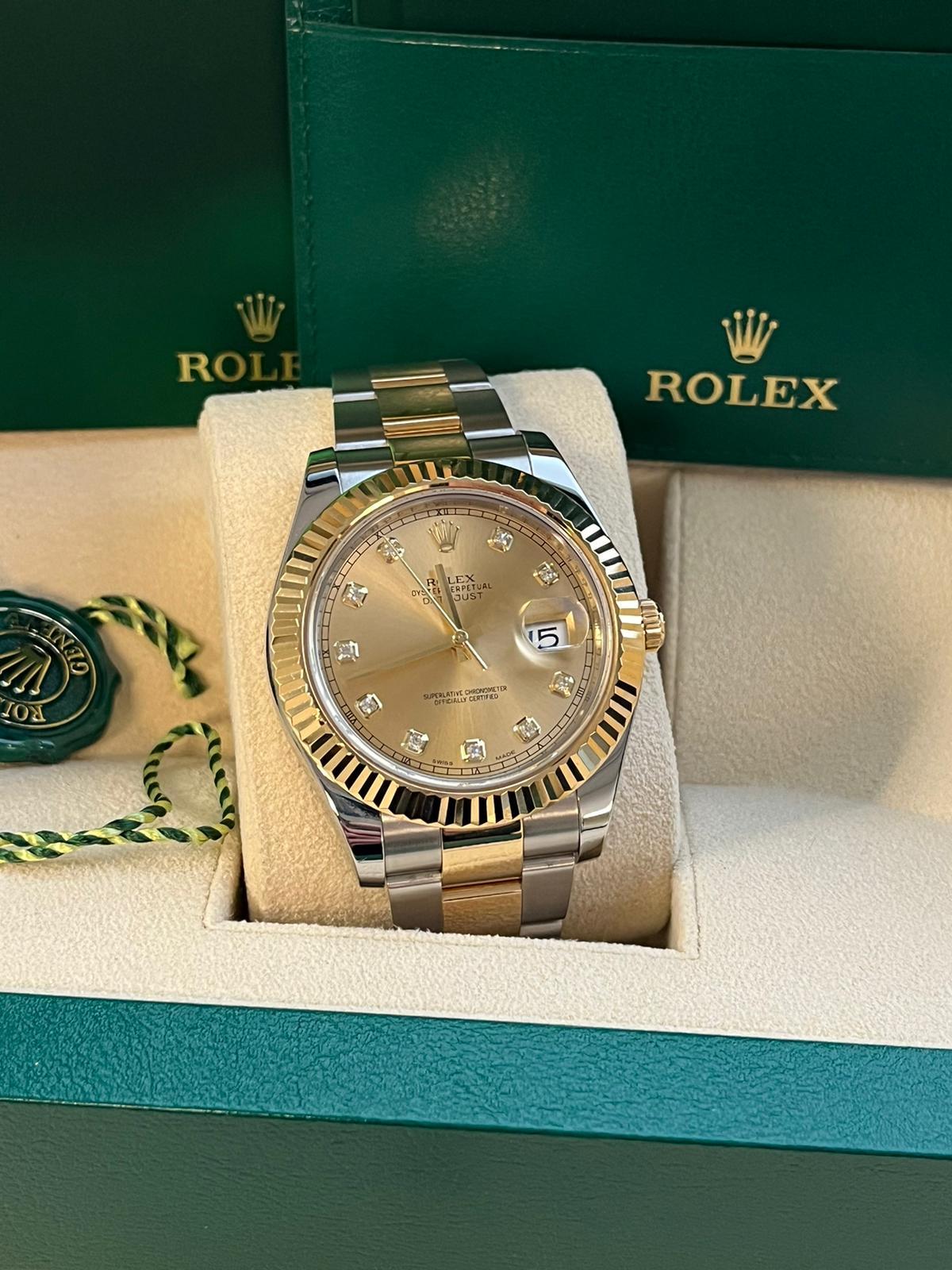 Rolex Datejust II Steel Yellow Gold Champagne Diamond Dial Oyster Watch 116333 For Sale 4