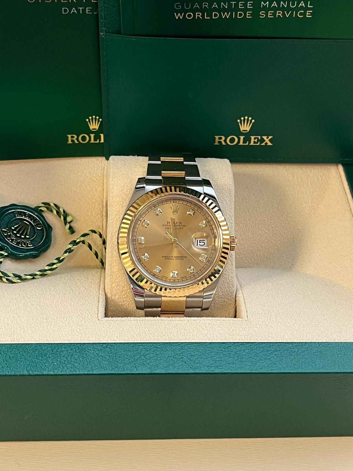 Rolex Datejust II Steel Yellow Gold Champagne Diamond Dial Oyster Watch 116333 For Sale 5