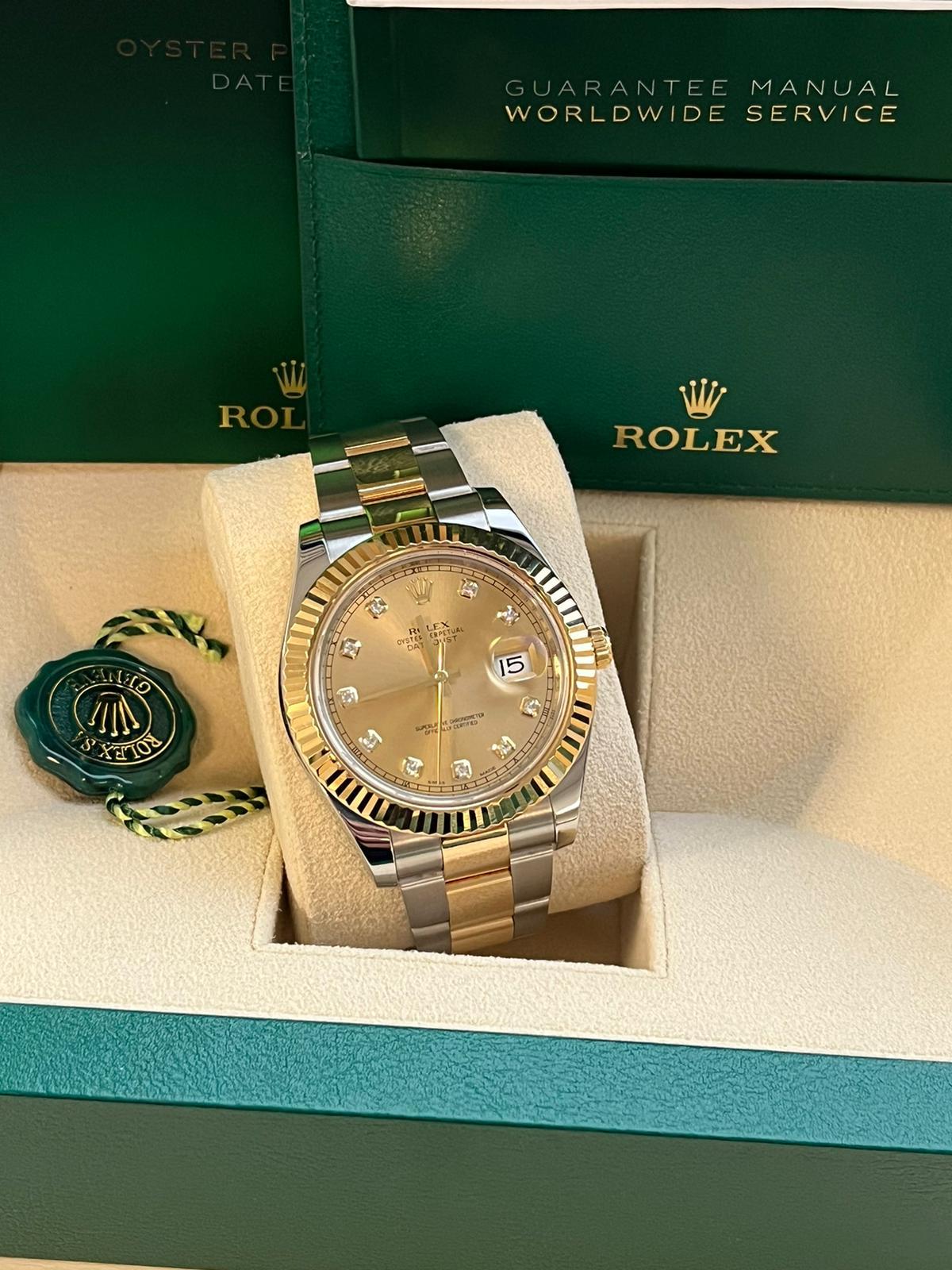 Rolex Datejust II Steel Yellow Gold Champagne Diamond Dial Oyster Watch 116333 For Sale 6