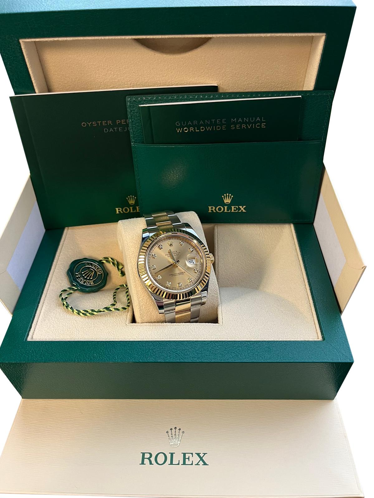 Modernist Rolex Datejust II Steel Yellow Gold Champagne Diamond Dial Oyster Watch 116333 For Sale