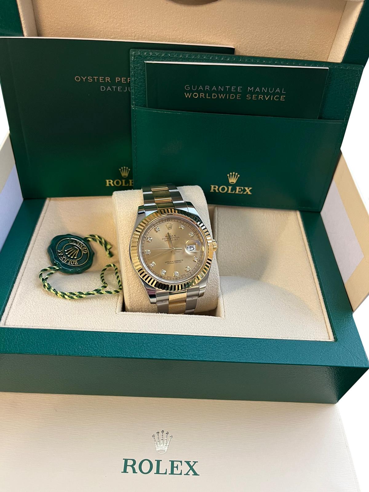 Women's or Men's Rolex Datejust II Steel Yellow Gold Champagne Diamond Dial Oyster Watch 116333 For Sale