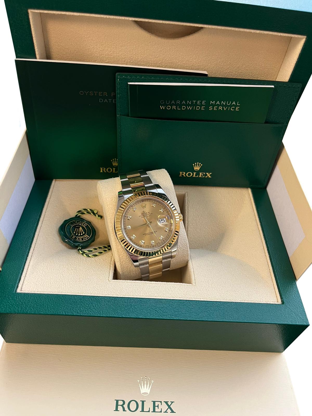 Rolex Datejust II Steel Yellow Gold Champagne Diamond Dial Oyster Watch 116333 For Sale 1