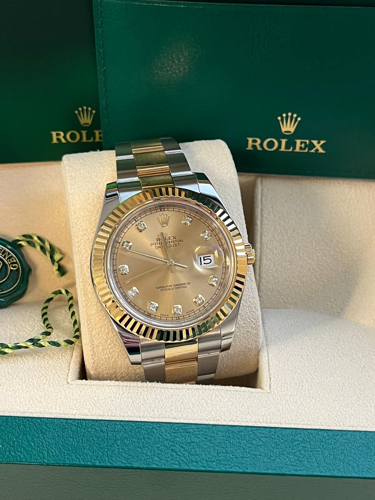 Rolex Datejust II Steel Yellow Gold Champagne Diamond Dial Oyster Watch 116333 For Sale 2