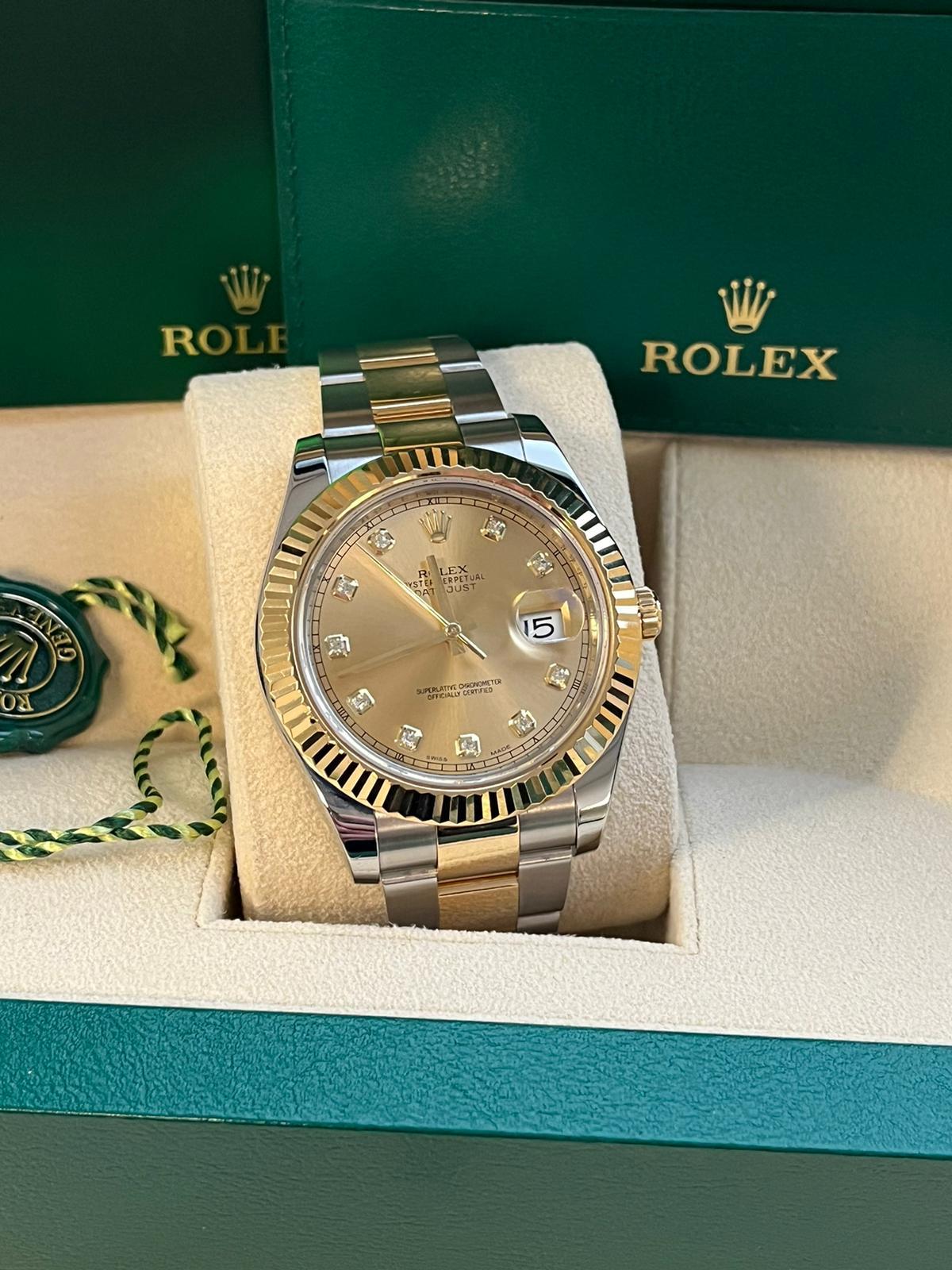 Rolex Datejust II Steel Yellow Gold Champagne Diamond Dial Oyster Watch 116333 For Sale 3