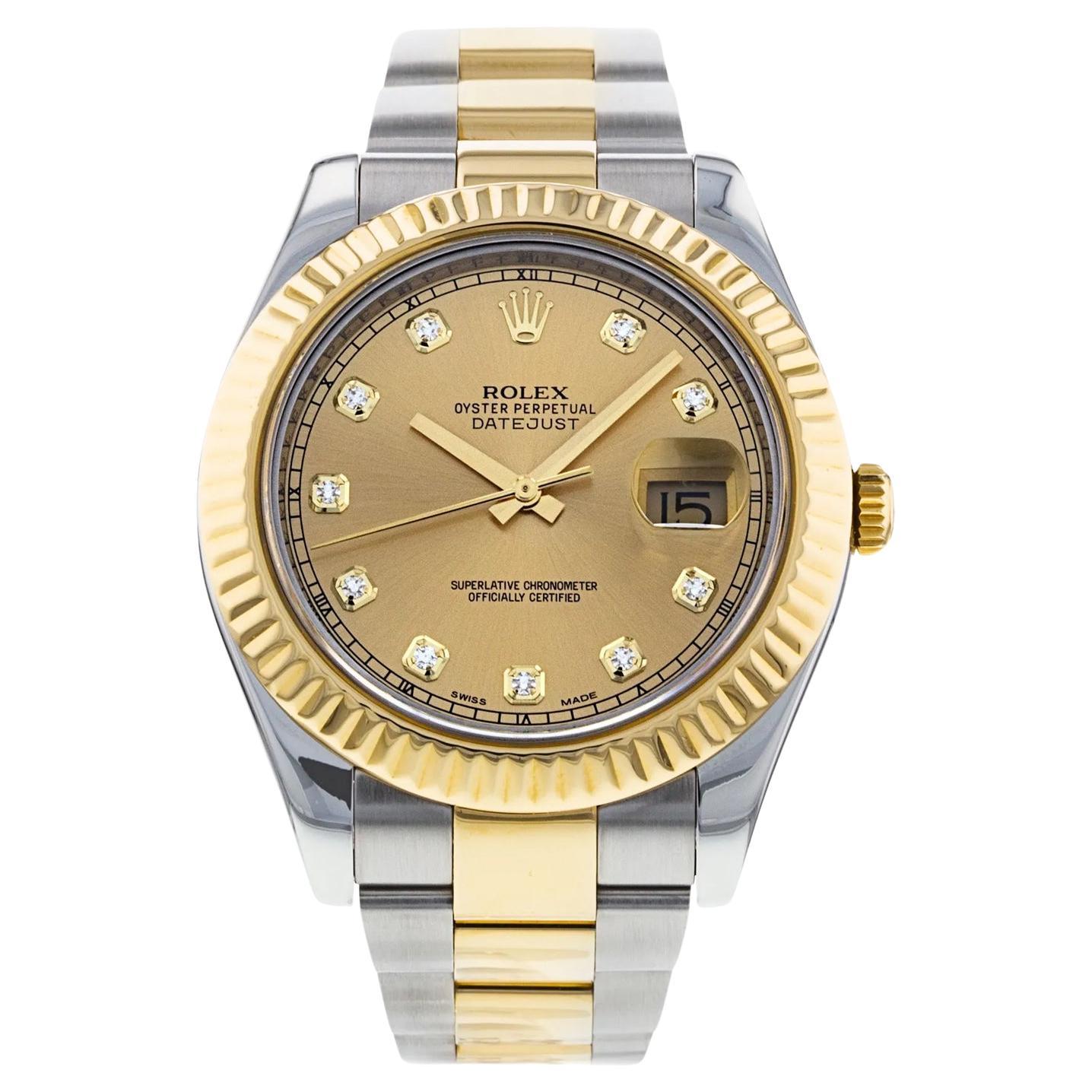 Rolex Datejust II Steel Yellow Gold Champagne Diamond Dial Oyster Watch 116333 For Sale