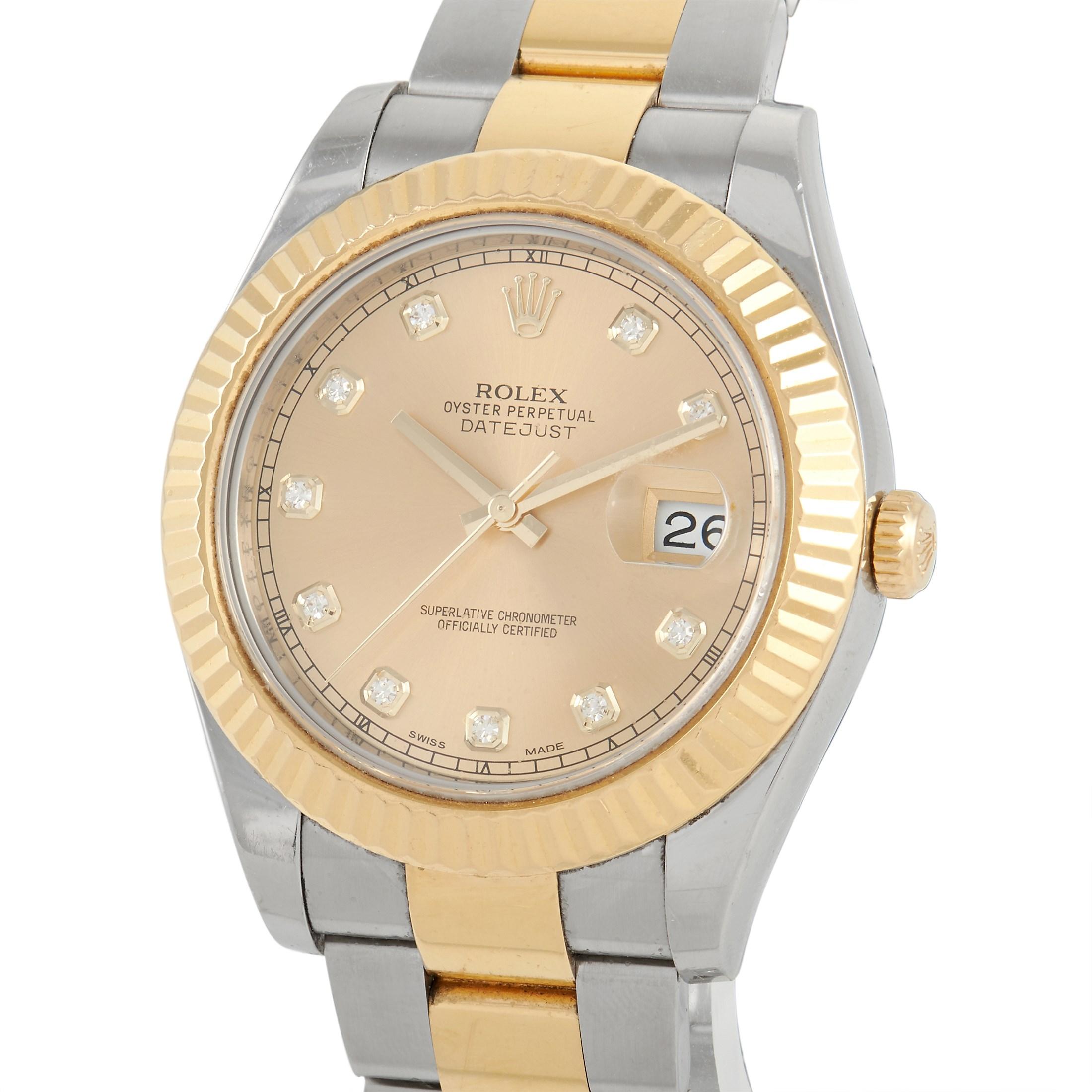 The Rolex Datejust Watch, reference number 116333, epitomizes the luxury brand’s commitment to excellence. 

Made from a classic pairing of 18K Yellow Gold and Stainless Steel, this timepiece’s 36mm case is elegantly accented by a fluted 18K Yellow