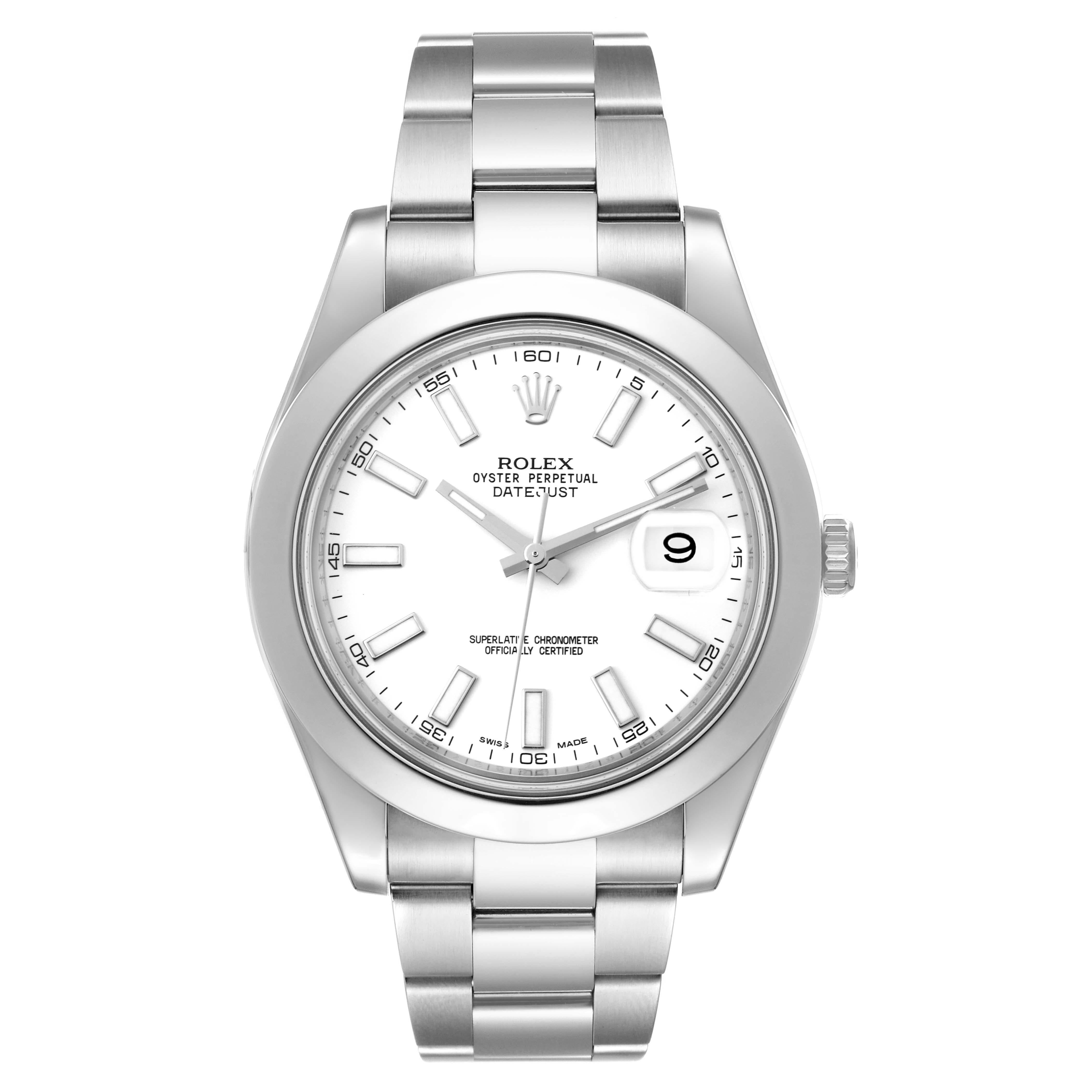 Rolex Datejust II White Dial Oyster Bracelet Steel Mens Watch 116300. Officially certified chronometer automatic self-winding movement with quickset date. Stainless steel case 41.0 mm in diameter. High polished lugs. Rolex logo on a crown. Stainless