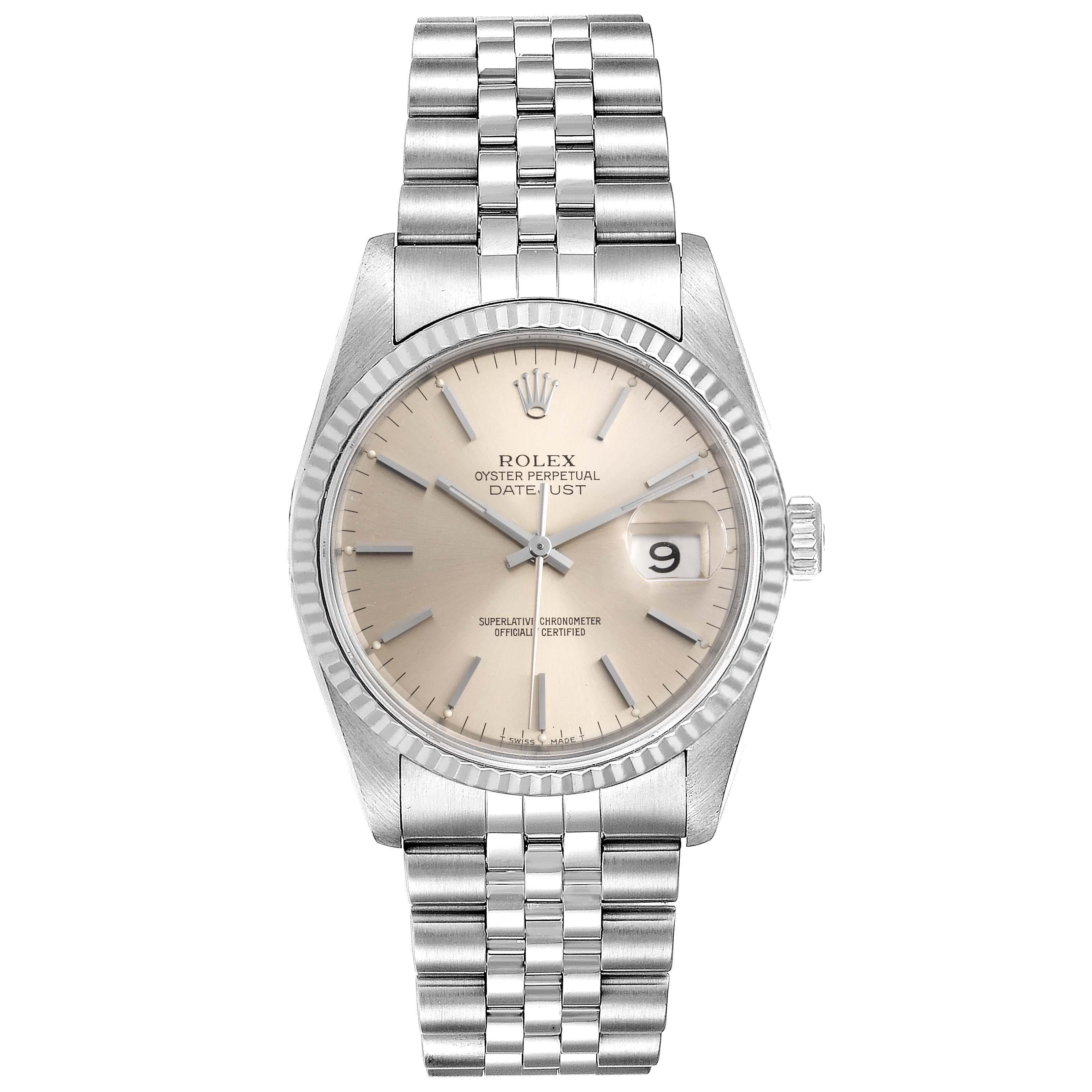 Rolex Datejust Jubilee Bracelet Steel White Gold Mens Watch 16234. Officially certified chronometer self-winding movement. Stainless steel oyster case 36 mm in diameter. Rolex logo on a crown. 18k white gold fluted bezel. Scratch resistant sapphire