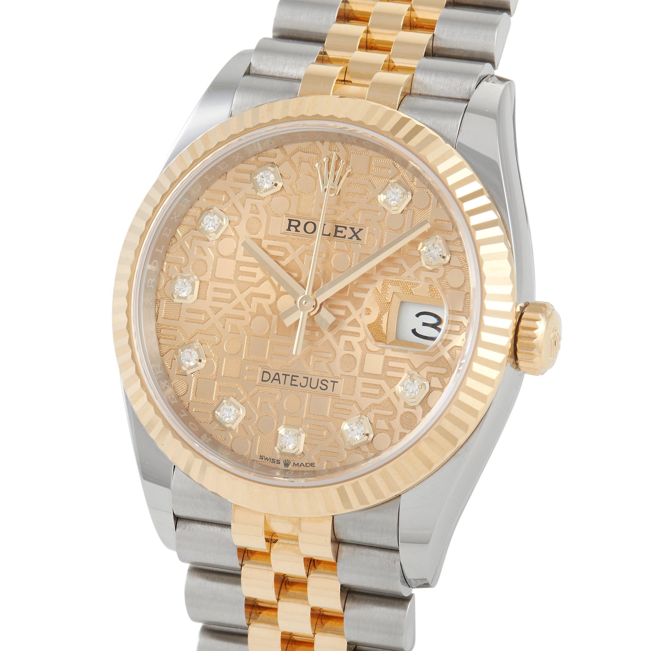 The Rolex Datejust Jubilee Diamond Watch, reference number 126233, is an exciting style that is filled with exquisite, signature touches.

This luxury timepiece features a 36mm case made from sleek Stainless Steel, which is expertly accented by a