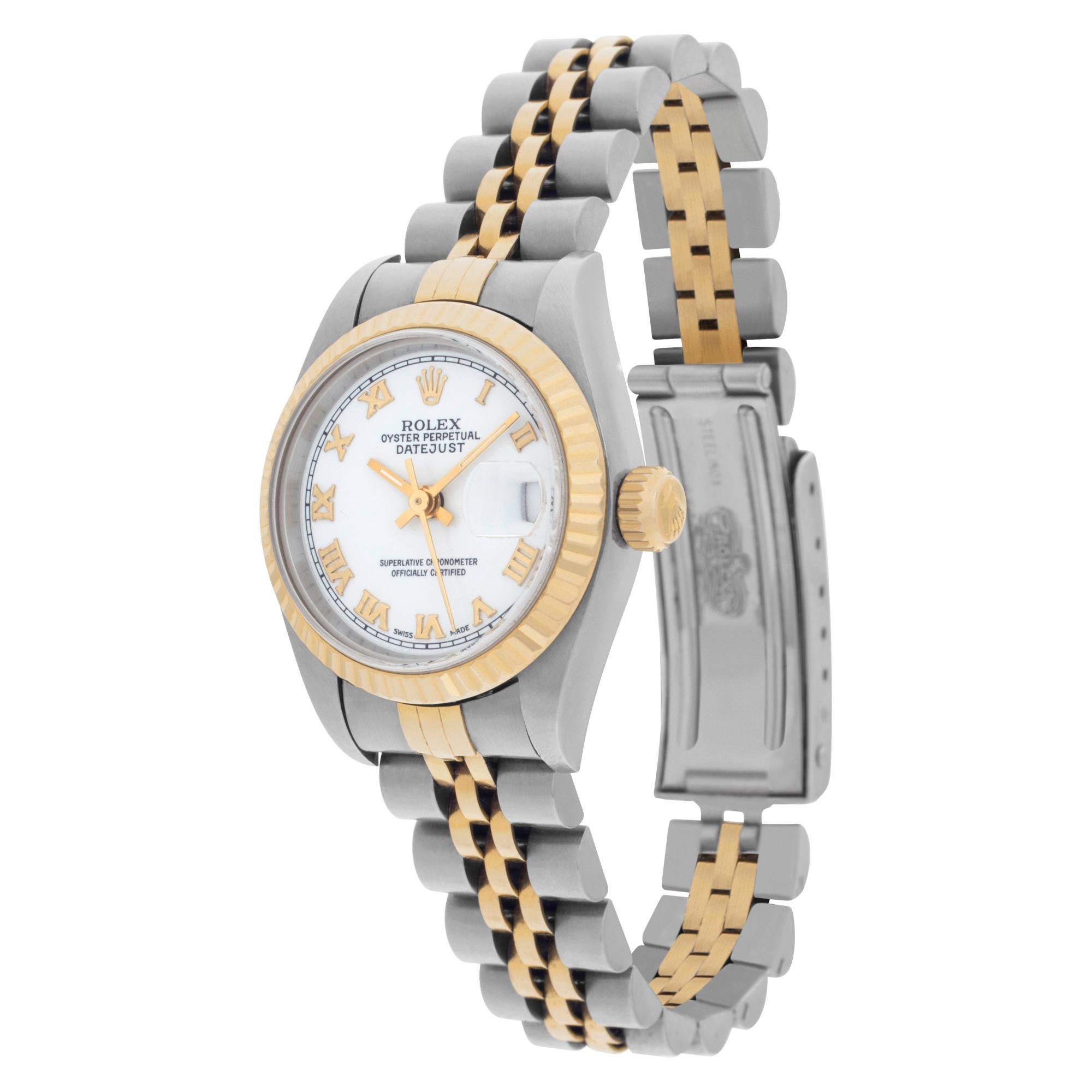 Rolex Datejust in 18k yellow gold & stainless steel on a Jubilee bracelet with white dial set with Roman numeral hour markers. Auto w/ sweep seconds and date. 26 mm case size. Ref 69173. Circa 1996. Fine Pre-owned Rolex Watch.

Certified preowned