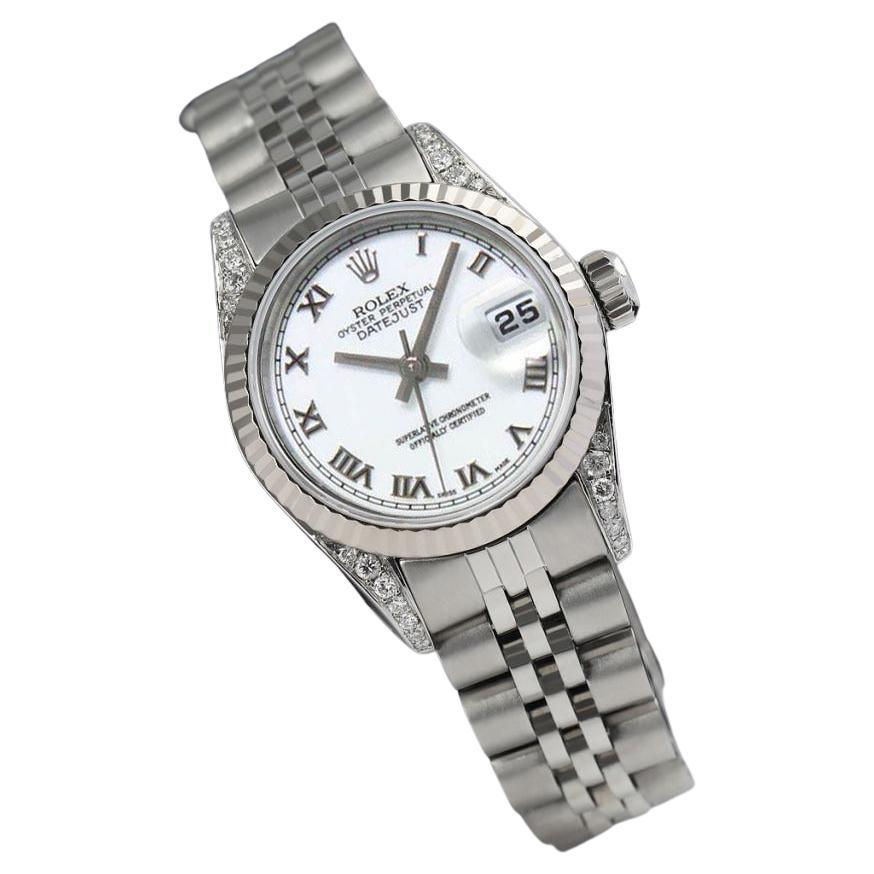 Rolex Datejust Ladies 26mm White Roman Dial Classic + Lugs with Diamonds Watch For Sale