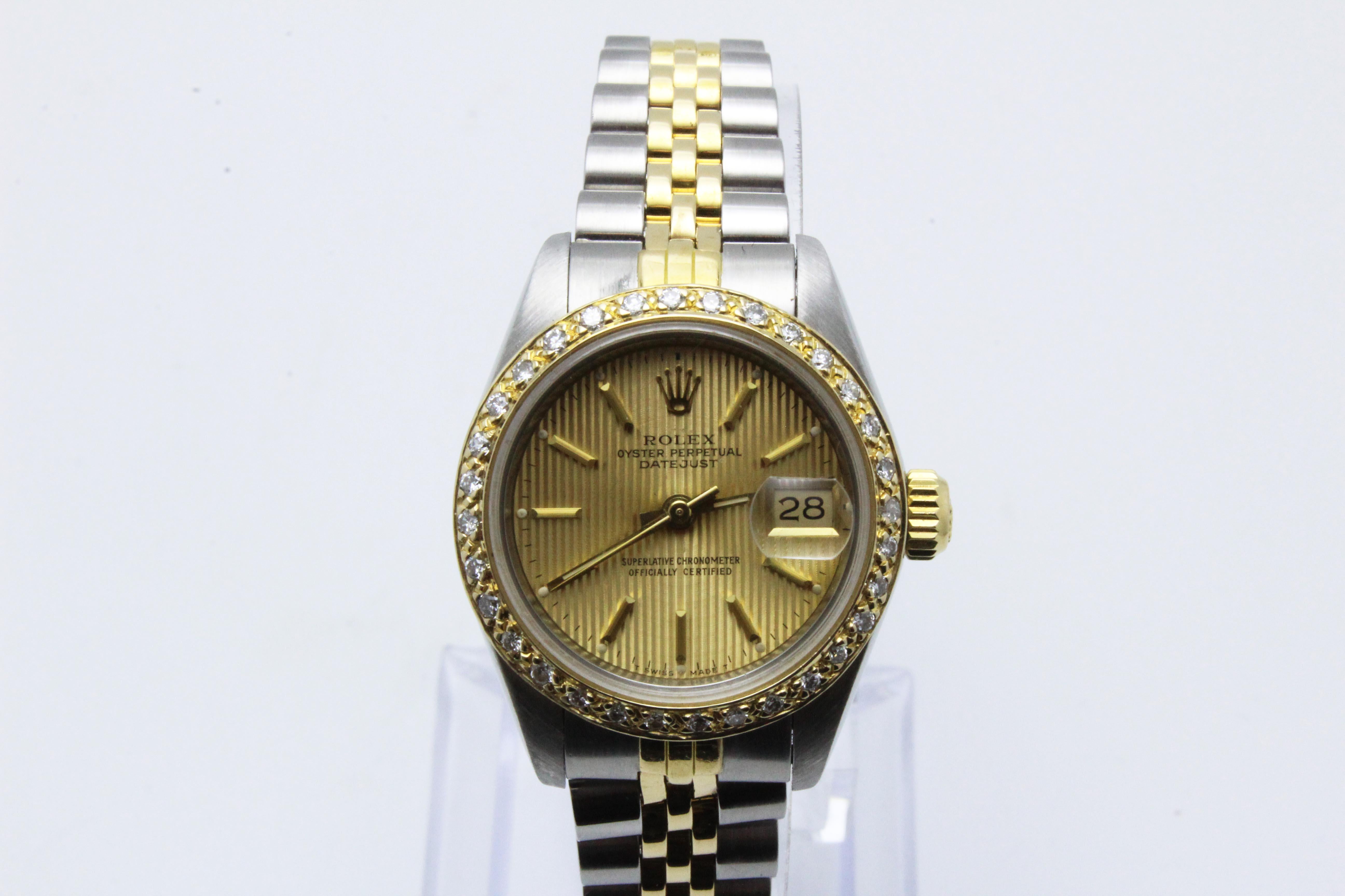 Rolex Datejust Ladies 69163 Champagne Dial Diamond Bezel Rolex Service Box Paper In Excellent Condition In San Diego, CA