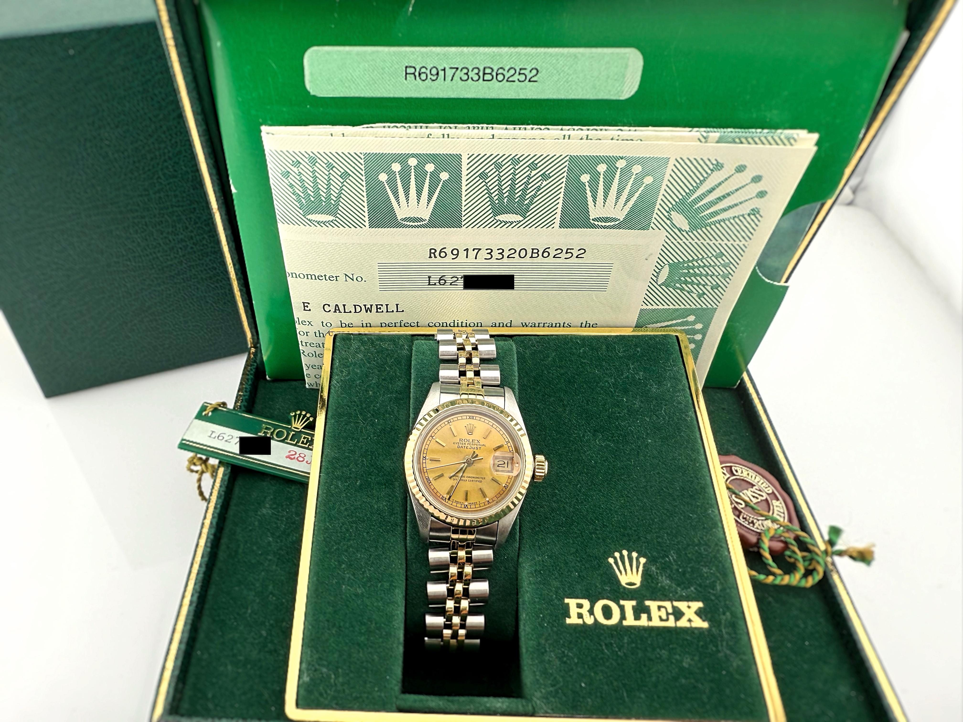 Rolex Datejust Ladies 69173 Champagne Dial Steel 18k Yellow Gold Box Papers In Good Condition For Sale In San Diego, CA
