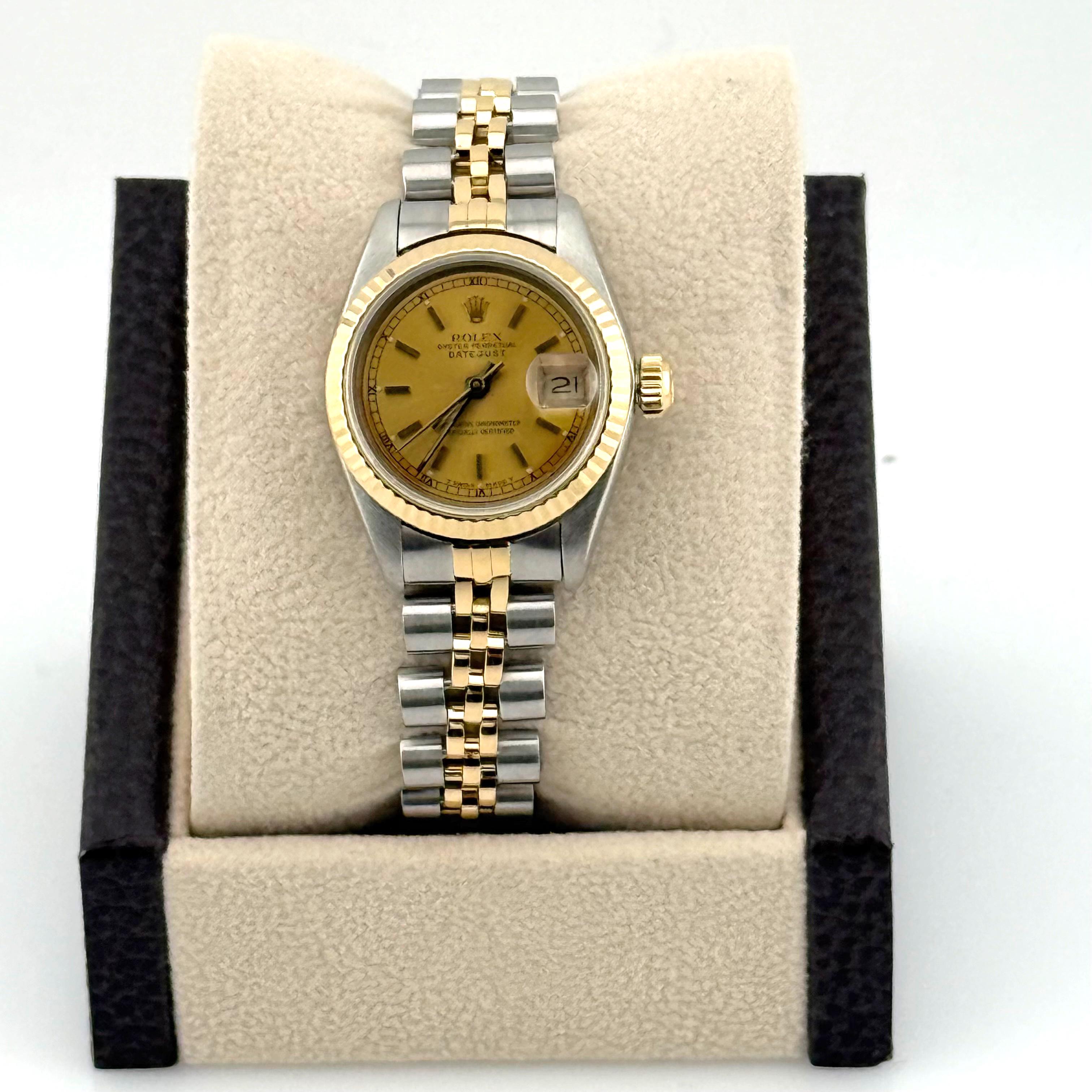 Women's Rolex Datejust Ladies 69173 Champagne Dial Steel 18k Yellow Gold Box Papers For Sale