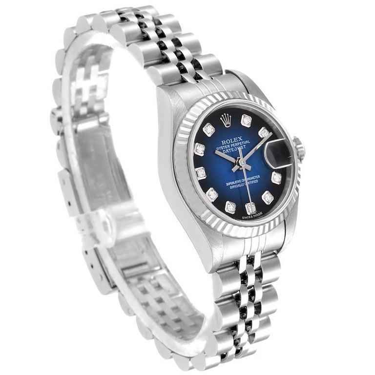 Rolex Datejust Ladies Steel 18k White Gold Blue Vignette Dial Watch 79174 In Excellent Condition In Atlanta, GA