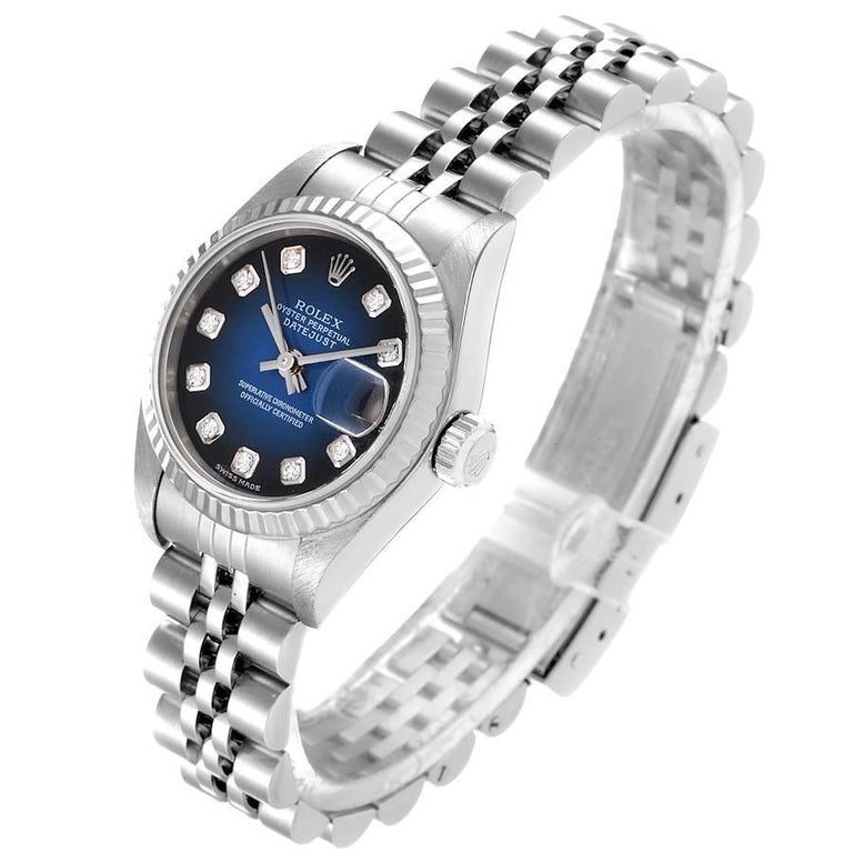 Women's Rolex Datejust Ladies Steel 18k White Gold Blue Vignette Dial Watch 79174