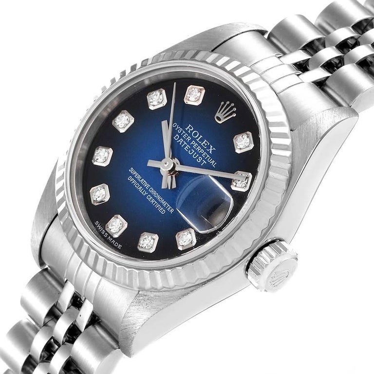 Rolex Datejust Ladies Steel 18k White Gold Blue Vignette Dial Watch 79174 1