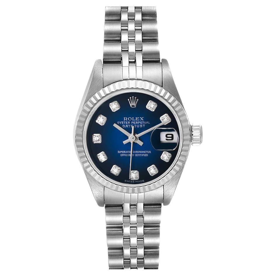 Rolex Datejust Ladies Steel 18k White Gold Blue Vignette Dial Watch 79174
