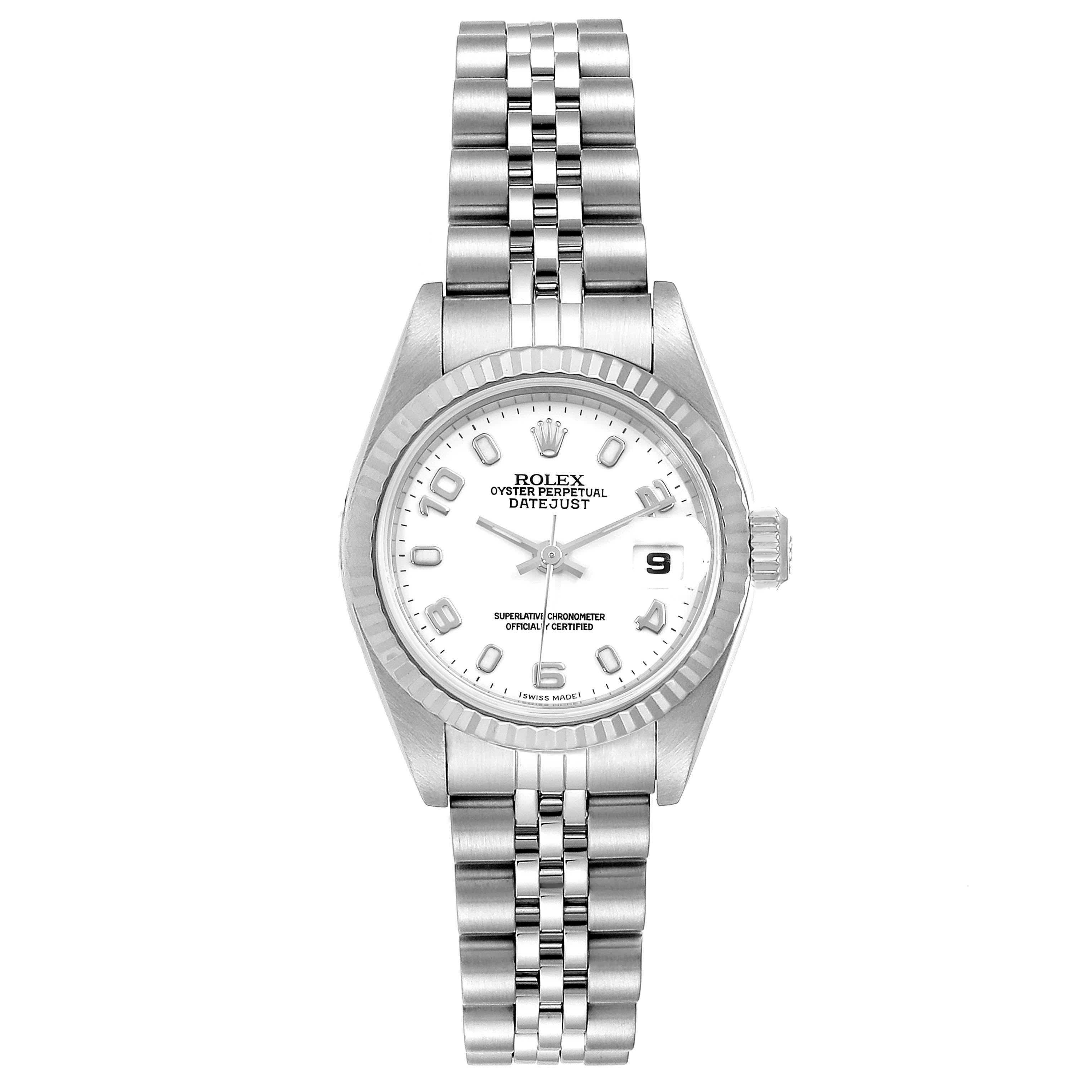 Rolex Datejust Ladies Steel 18k White Gold Watch 79174 Box Paper. Officially certified chronometer self-winding movement. Stainless steel oyster case 26.0 mm in diameter. Rolex logo on a crown. 18k white gold fluted bezel. Scratch resistant sapphire