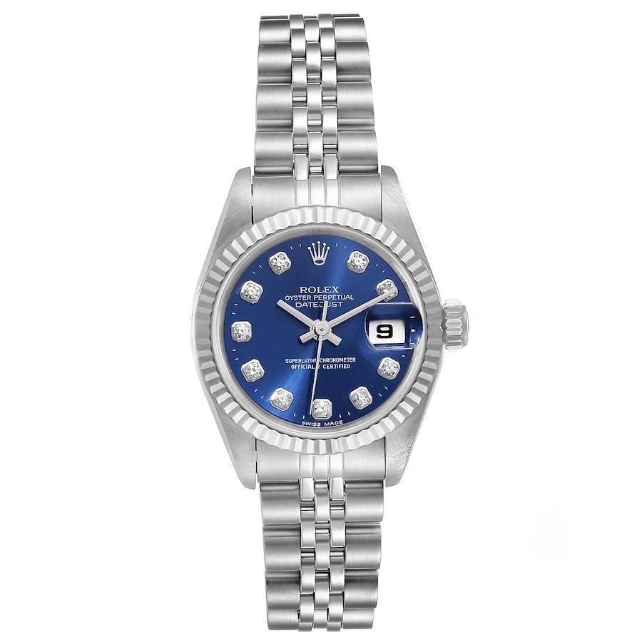 Rolex Datejust Ladies Steel White Gold Blue Diamond Dial Ladies Watch 69174. Officially certified chronometer self-winding movement. Stainless steel oyster case 26.0 mm in diameter. Rolex logo on a crown. 18k white gold fluted bezel. Scratch