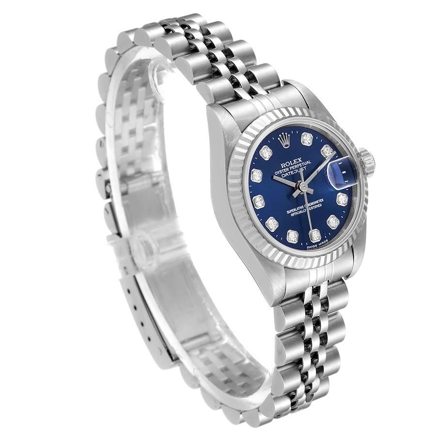 Rolex Datejust Ladies Steel White Gold Blue Diamond Dial Ladies Watch 69174 In Excellent Condition In Atlanta, GA