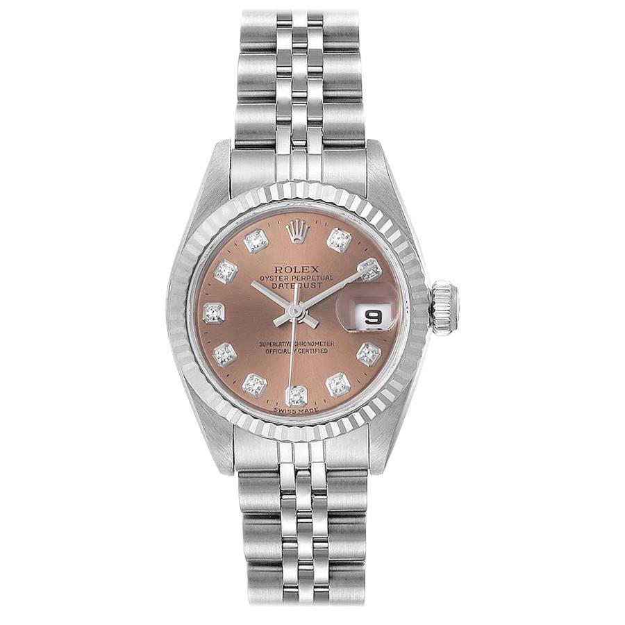 Rolex Datejust Ladies Steel White Gold Salmon Diamond Dial Watch 69174 Box For Sale