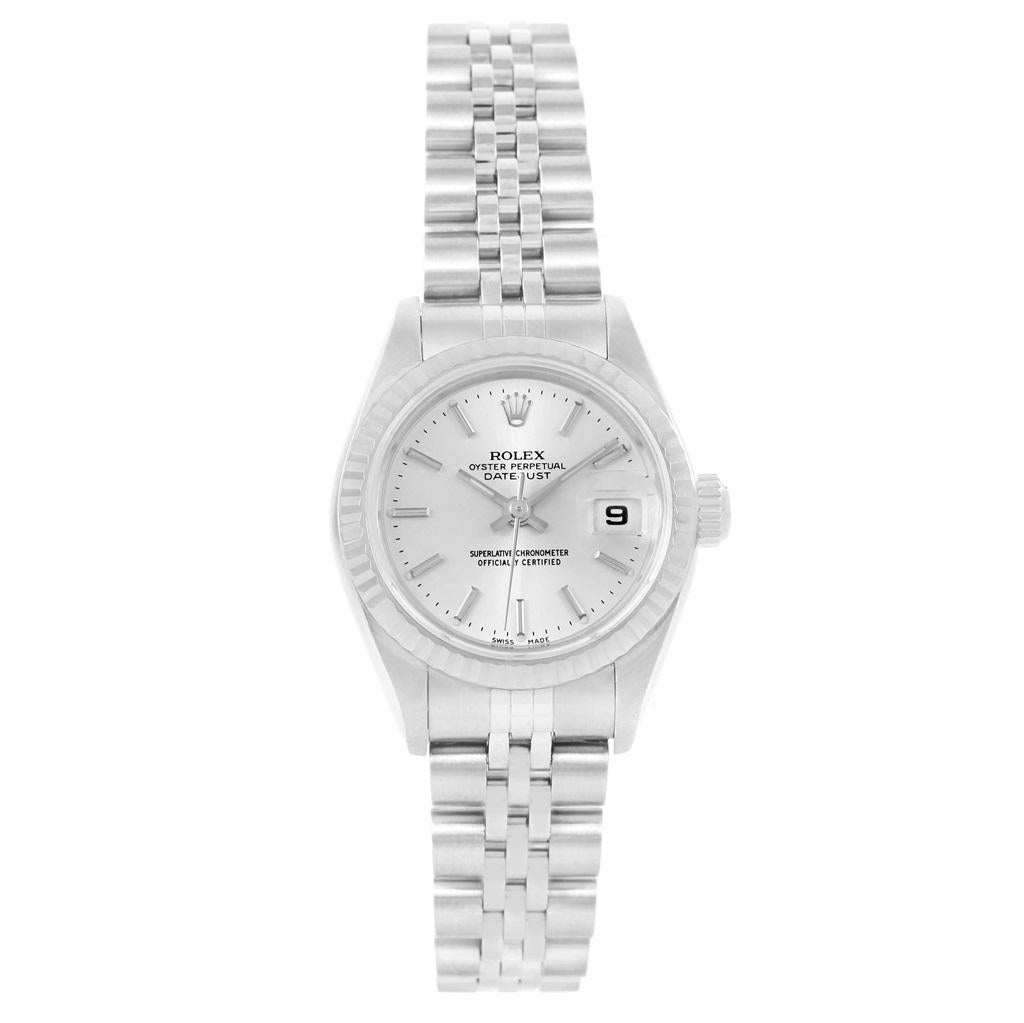 Rolex Datejust Ladies Steel White Gold Silver Baton Dial Watch 79174. Officially certified chronometer self-winding movement. Stainless steel oyster case 26.0 mm in diameter. Rolex logo on a crown. 18k white gold fluted bezel. Scratch resistant