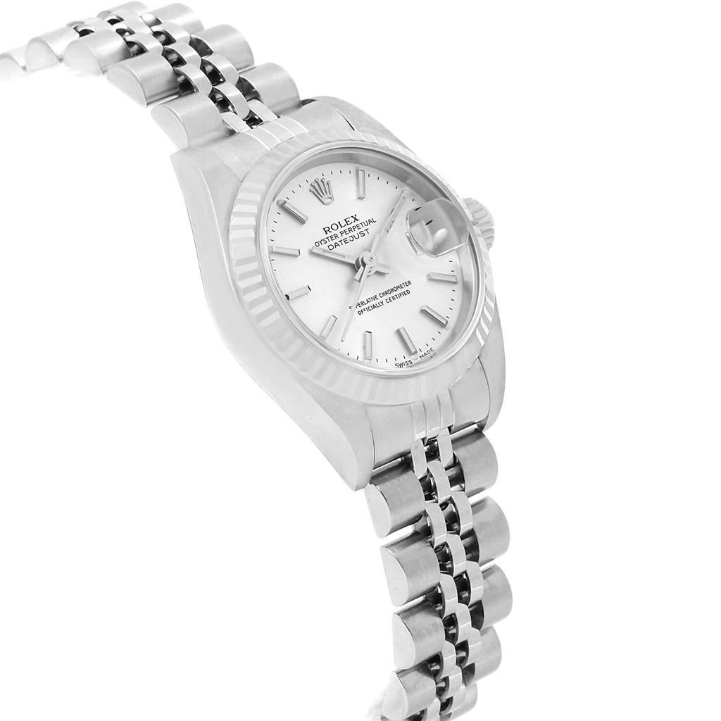 Rolex Datejust Ladies Steel White Gold Silver Baton Dial Watch 79174 In Excellent Condition For Sale In Atlanta, GA