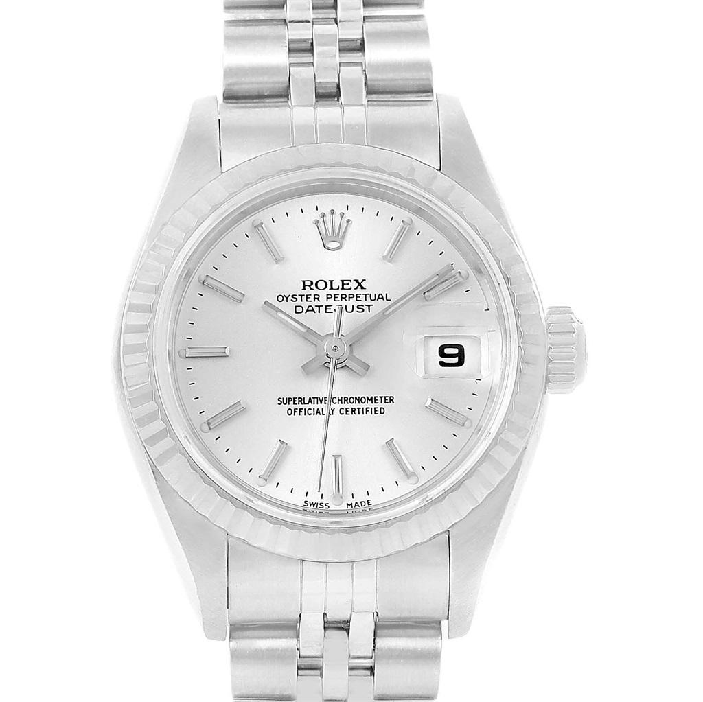 Rolex Datejust Ladies Steel White Gold Silver Baton Dial Watch 79174 For Sale