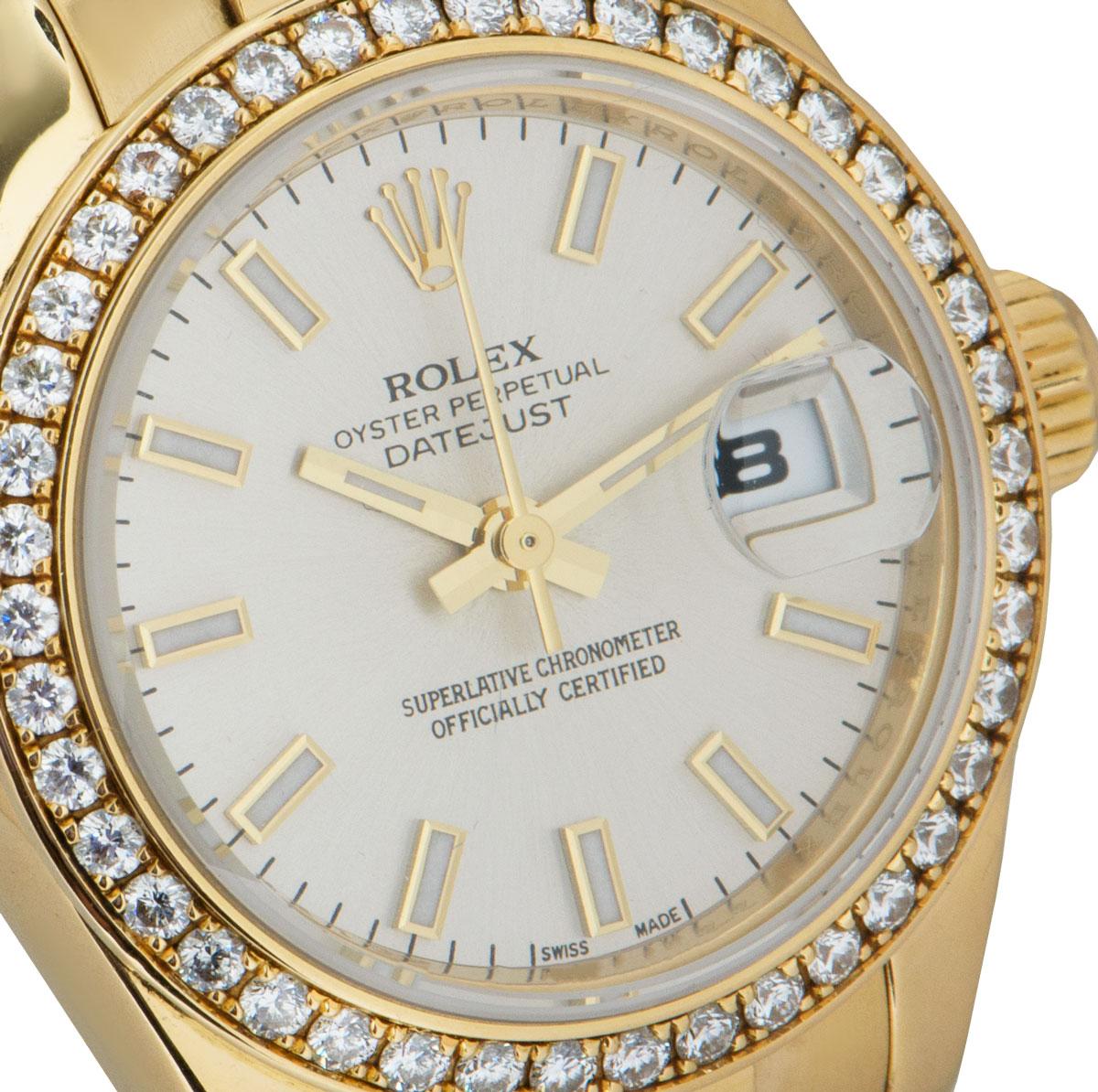 Round Cut Rolex Datejust Ladies Yellow Gold Silver Dial Diamond Bezel B&P 179138