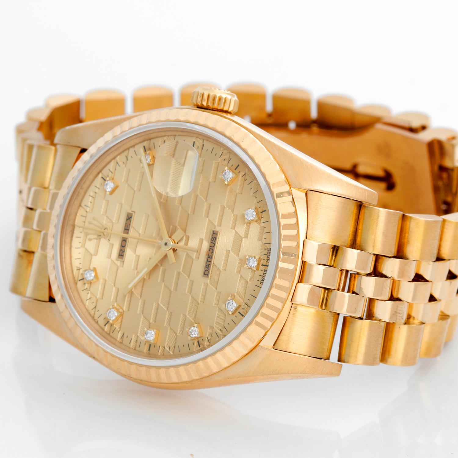 Rolex Datejust Men's 18k Chevrolet Diamond Jubilee Watch - Automatic winding, Quickset, sapphire crystal. 18k yellow gold case with fluted bezel (36mm diameter). Rolex special champagne diamond dial with the Chevy logo embossed throughout. 18k