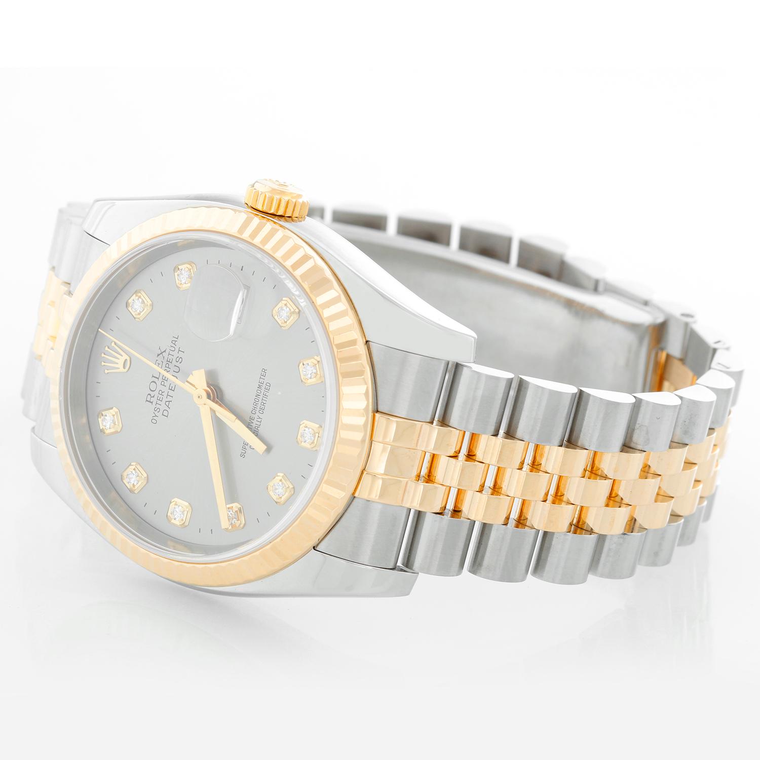 Rolex Datejust Men's 2-Tone Factory Diamond Dial  Watch 116233 - Automatic winding, 31 jewels, Quickset, sapphire crystal. Stainless steel case with 18k yellow gold fluted bezel (36mm diameter). Factory Grey diamond dial. Stainless steel and 18k