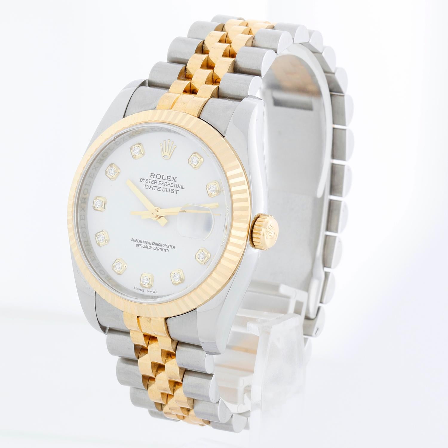 Rolex Datejust Men's 2-Tone Factory Diamond Dial Watch 116233 - Automatic winding, 31 jewels, Quickset, sapphire crystal. Datejust. Stainless steel case with 18k yellow gold fluted bezel. White dial with factory diamond hour markers. Stainless steel