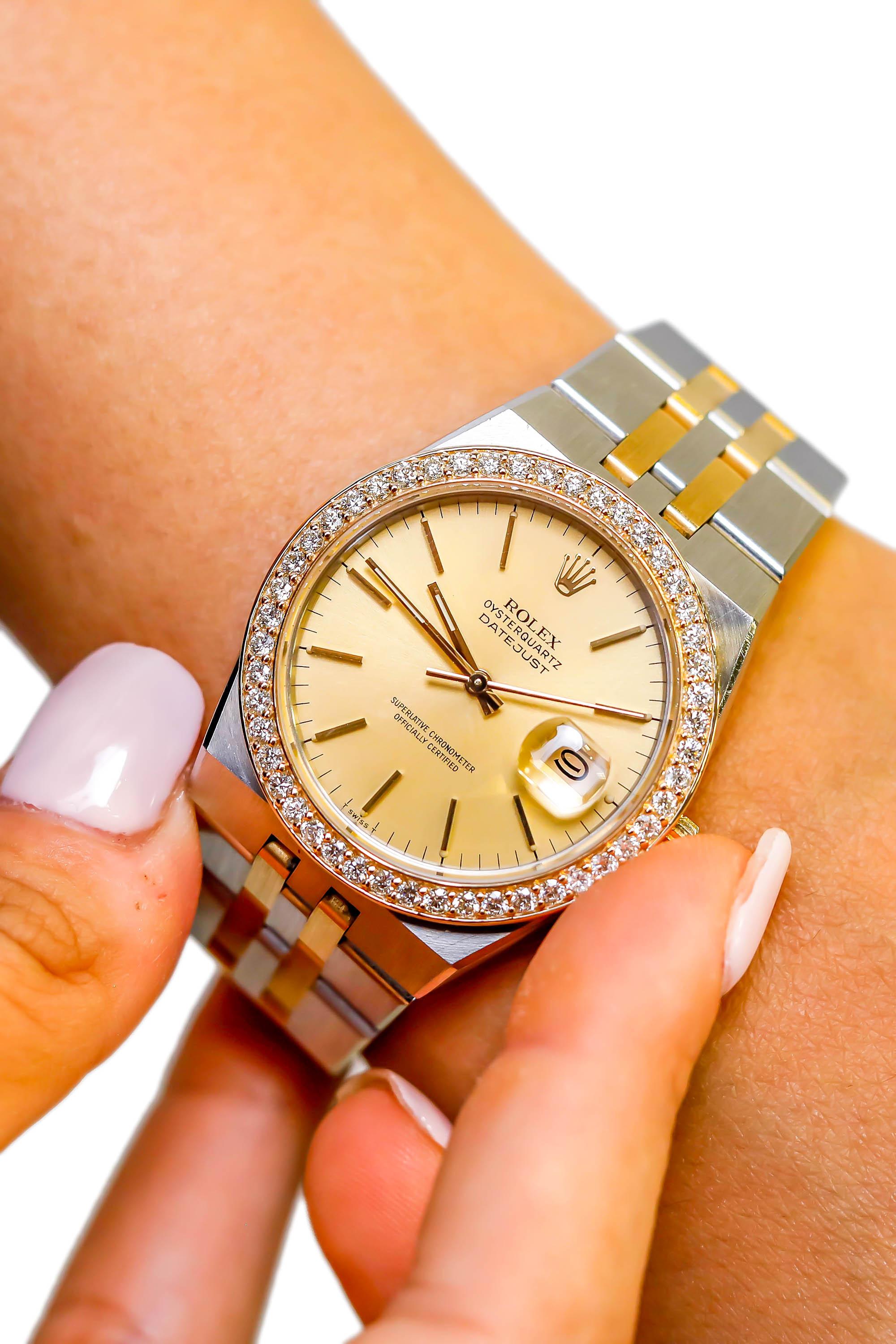 Modern Rolex Datejust Men's 2-Tone Gold Steel Champaign Stick Custom Diamond Dial Watch For Sale