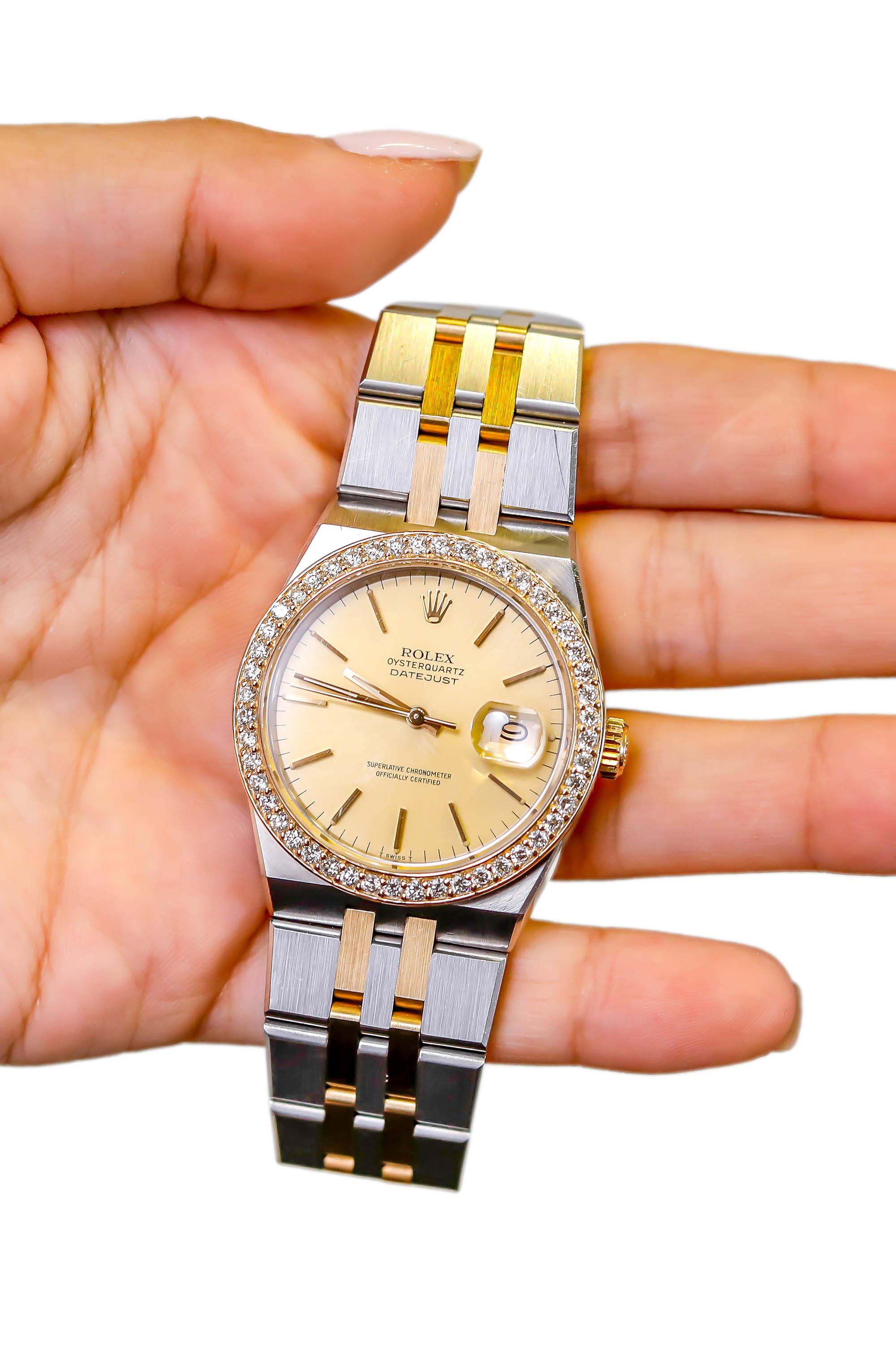 Round Cut Rolex Datejust Men's 2-Tone Gold Steel Champaign Stick Custom Diamond Dial Watch For Sale