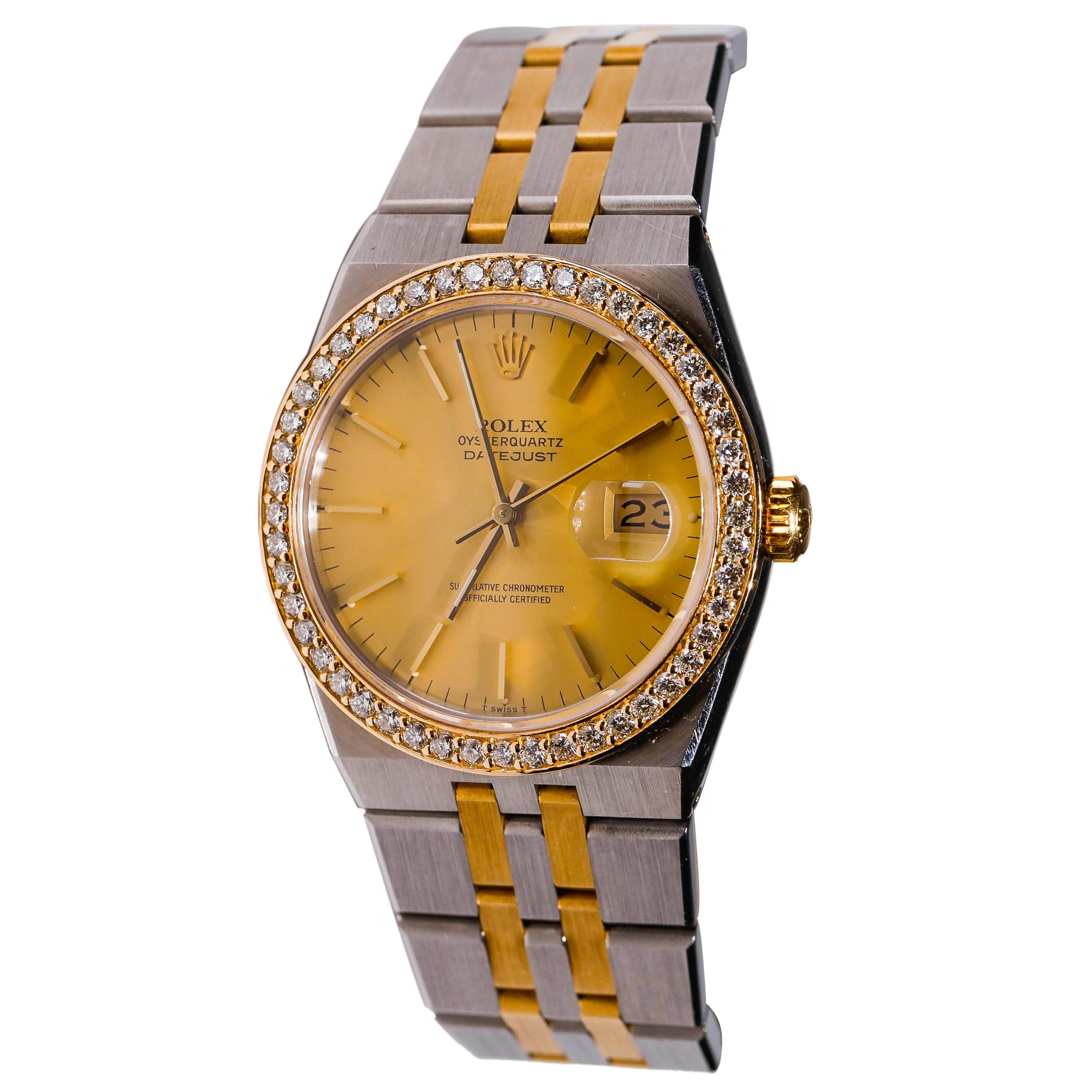 Rolex Datejust Men's 2-Tone Gold Steel Champaign Stick Custom Diamond Dial Watch For Sale