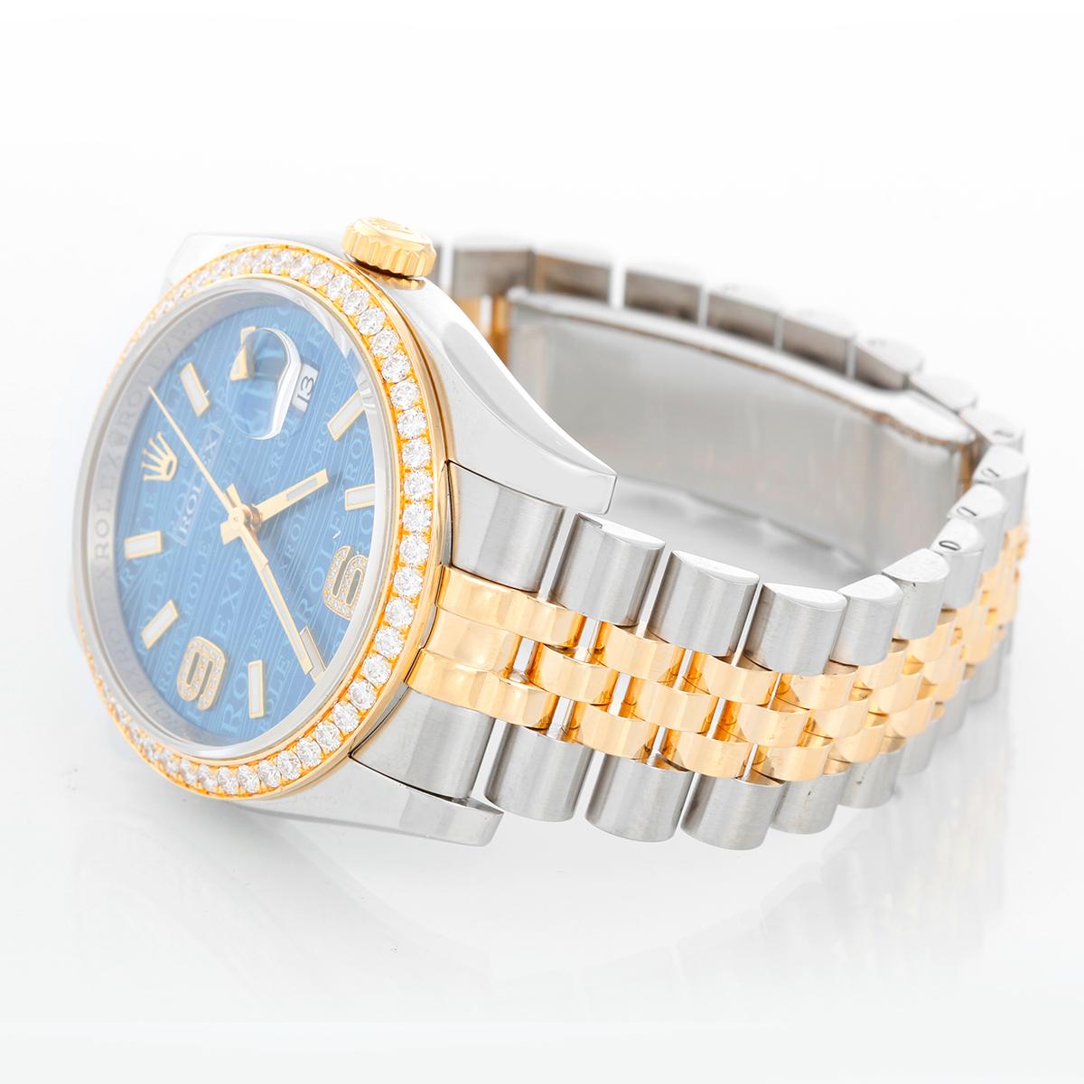 Rolex Datejust Men's 2-Tone Steel & Gold Watch Diamond Dial  116243 - Automatic winding, 31 jewels, Quickset, sapphire crystal. Stainless steel case with factory Rolex 52 diamond bezel (36mm diameter). Blue Jubilee wave dial with diamond 6 & 9.