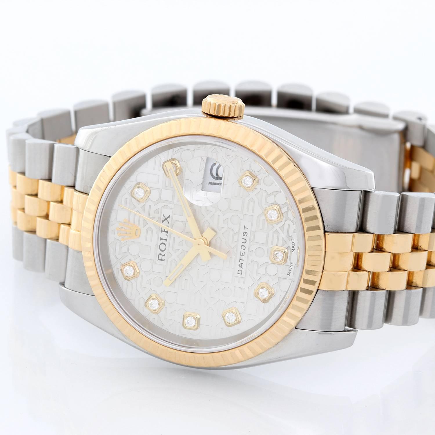 Rolex Datejust Men's 2-Tone Watch 116233 -  Automatic winding, 31 jewels, Quickset, sapphire crystal. Stainless steel case with 18k yellow gold fluted bezel  (36mm diameter). Custom silver Jubilee diamond dial. Stainless steel and 18k yellow gold