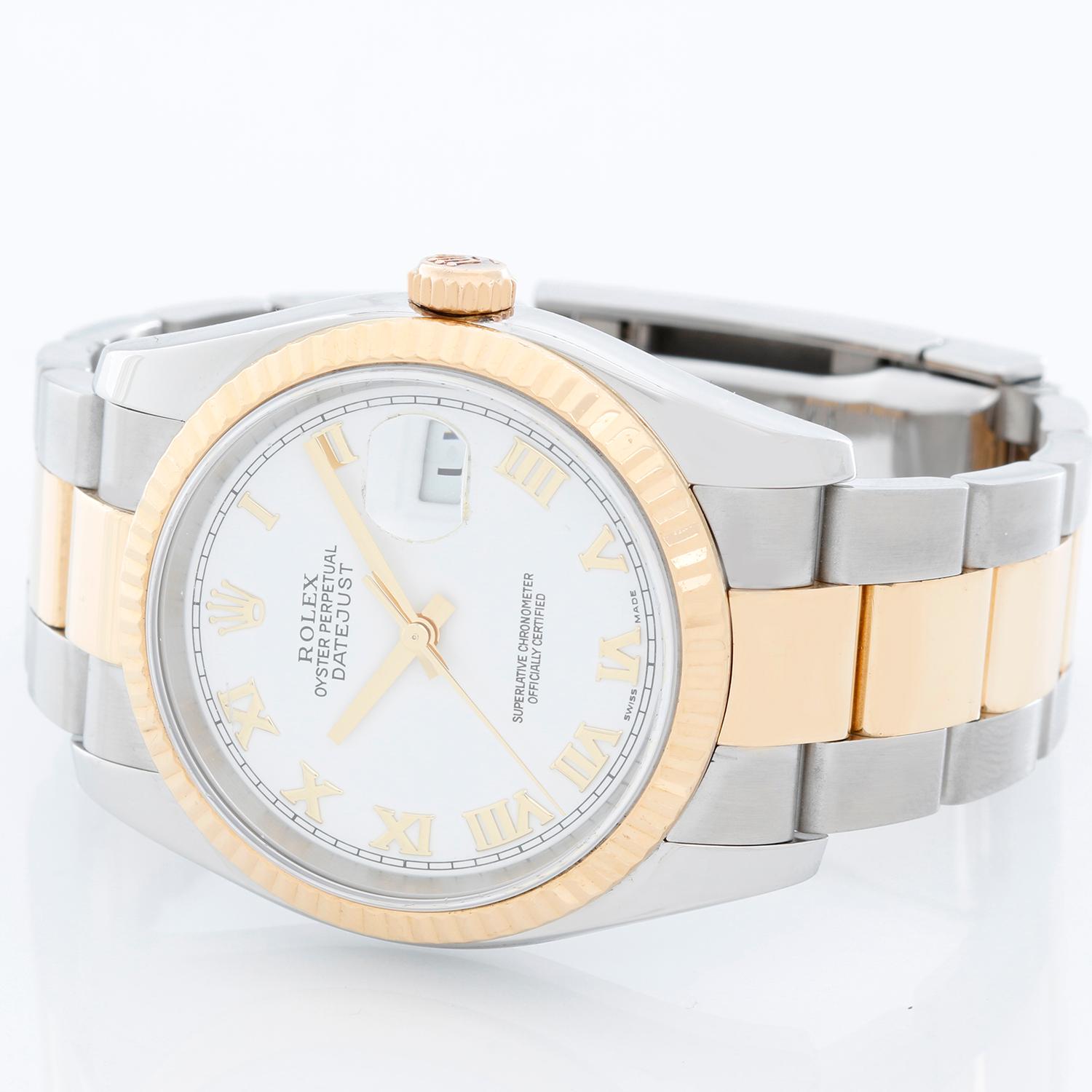 Rolex Datejust Men's 2-Tone Watch 116233 - Automatic winding, 31 jewels, Quickset, sapphire crystal. Stainless steel case with 18k yellow gold fluted bezel (36mm diameter). White dial with raised gold Roman numerals. Stainless steel and 18k yellow