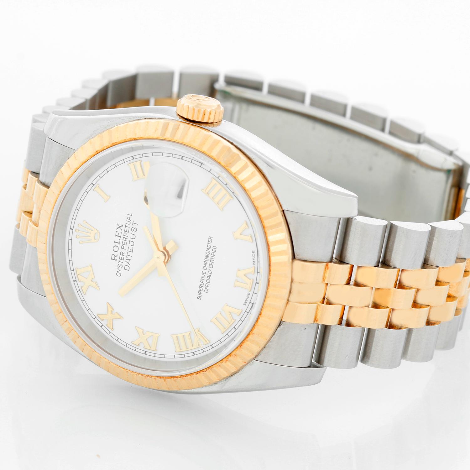 Rolex Datejust Men's 2-Tone Watch 116233 - Automatic winding, 31 jewels, Quickset, sapphire crystal. Stainless steel case with 18k yellow gold fluted bezel (36mm diameter). White dial with Roman numerals . Stainless steel and 18k yellow gold Jubilee