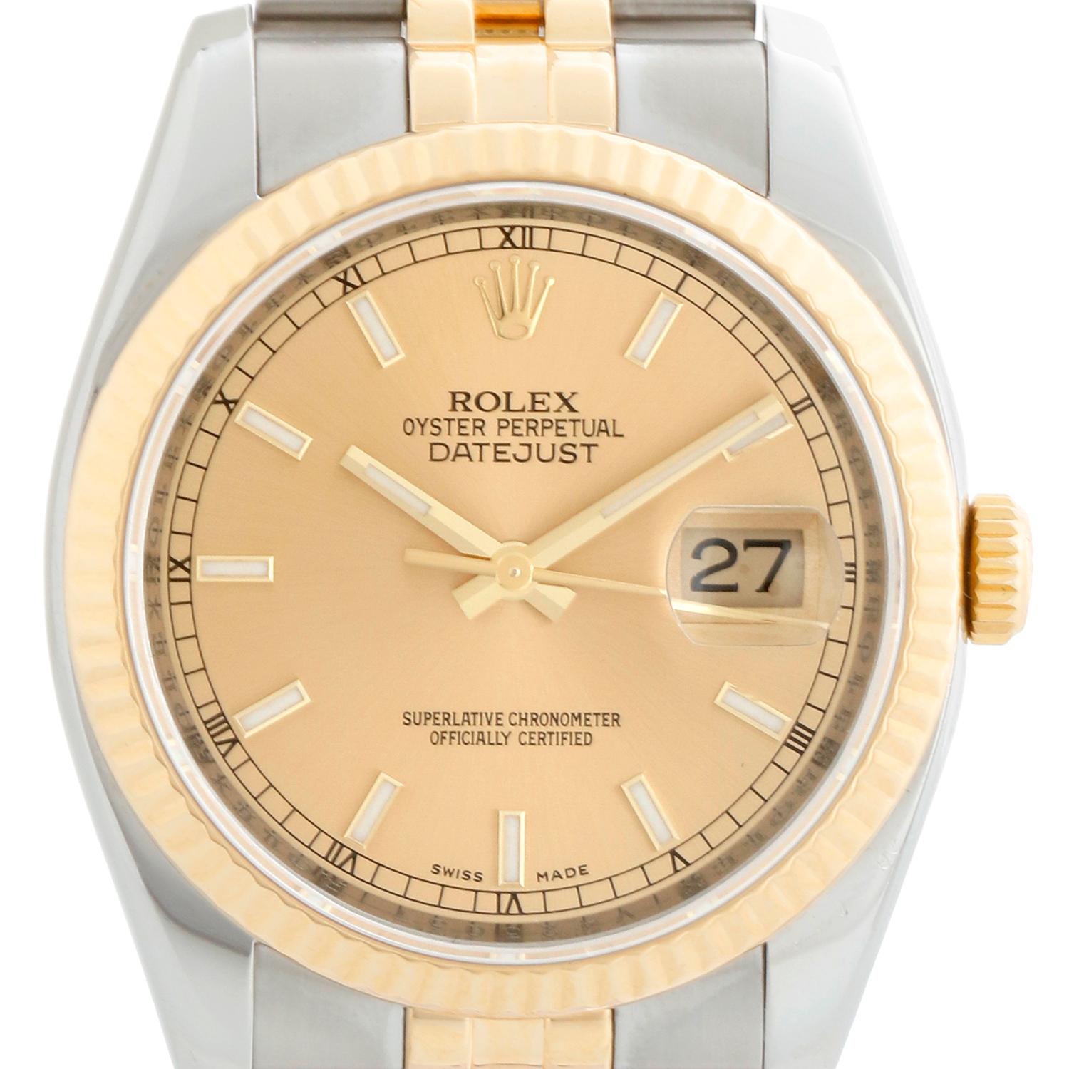 Rolex Datejust Men's 2-Tone Watch 116233 - Automatic winding, 31 jewels, Quickset, sapphire crystal. Stainless steel case with 18k yellow gold fluted bezel . Champagne dial with index markers. Stainless steel and 18k yellow gold Jubilee bracelet.