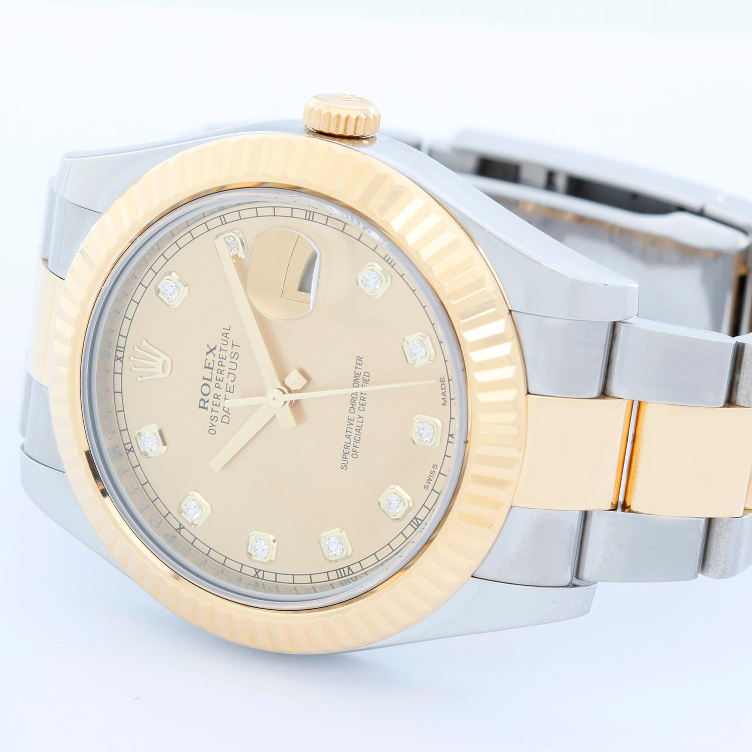 Rolex Datejust Men's 2-Tone Watch 116333 - Automatic winding, 31 jewels, Quickset, sapphire crystal. Stainless steel case with 18k yellow gold fluted bezel  (41mm diameter). Champagne dial with factory diamond markers. Stainless steel and 18k yellow