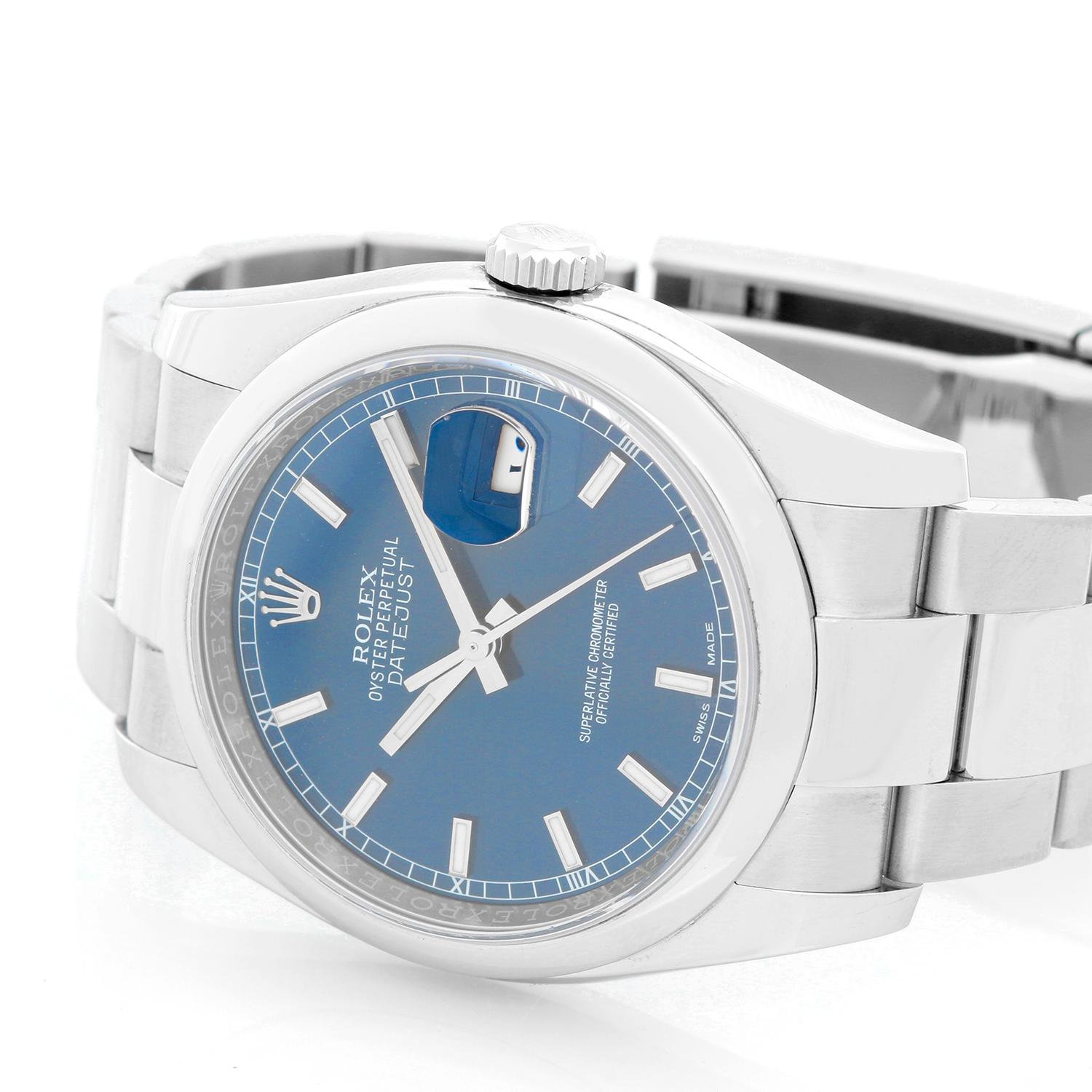 Rolex Datejust Men's Stainless Steel Automatic Winding Watch 116200 - Automatic winding, 31 jewels, Quickset, sapphire crystal. Stainless steel case with smooth bezel (36mm diameter). Blue stick hour marker dial; date at 3 o'clock . Stainless steel