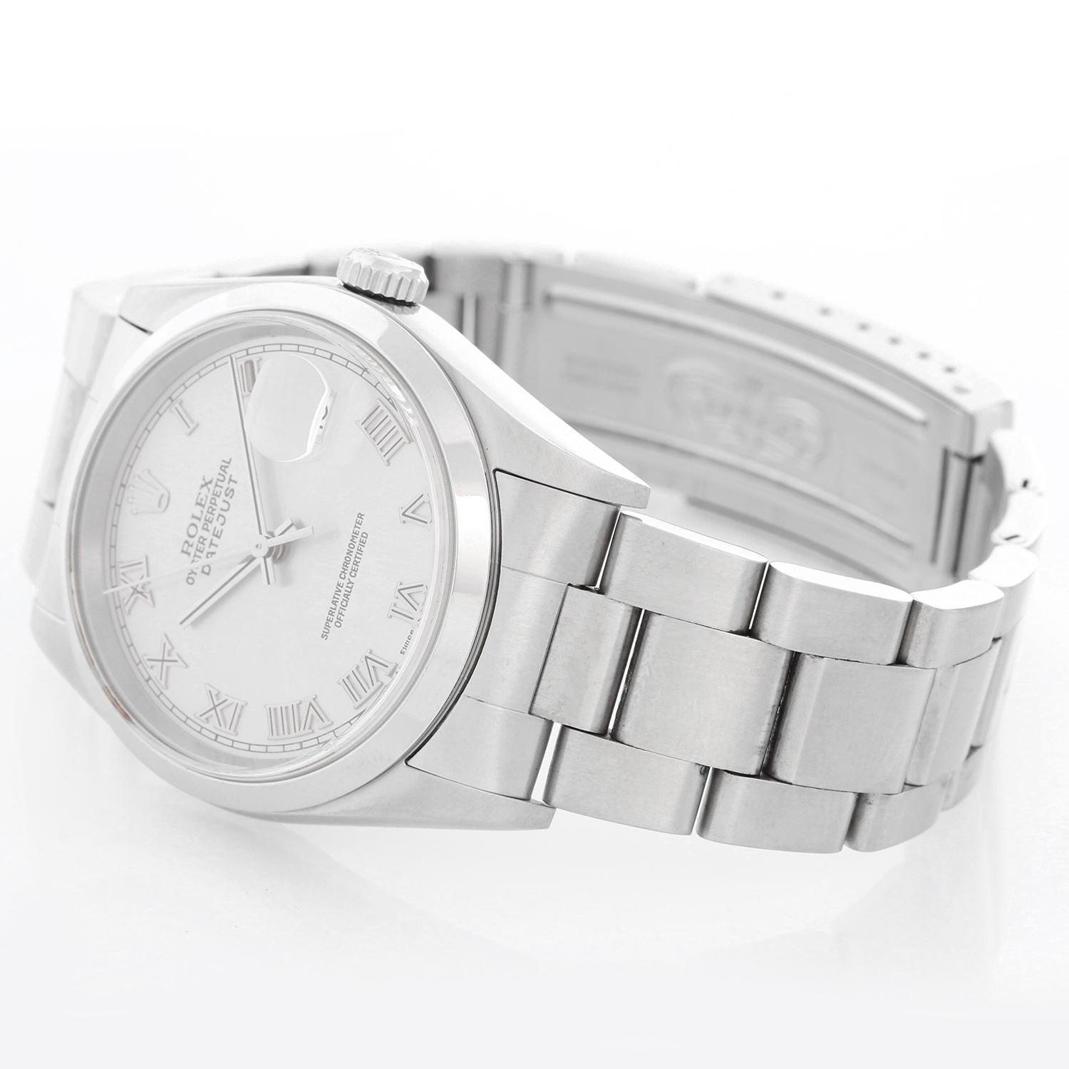 Rolex Datejust Men's Stainless Steel Automatic Winding Watch 16200 - Automatic winding, 31 jewels, Quickset, sapphire crystal. Stainless steel case with smooth bezel (36mm diameter). Silver dial with raised Roman numerals. Stainless steel oyster